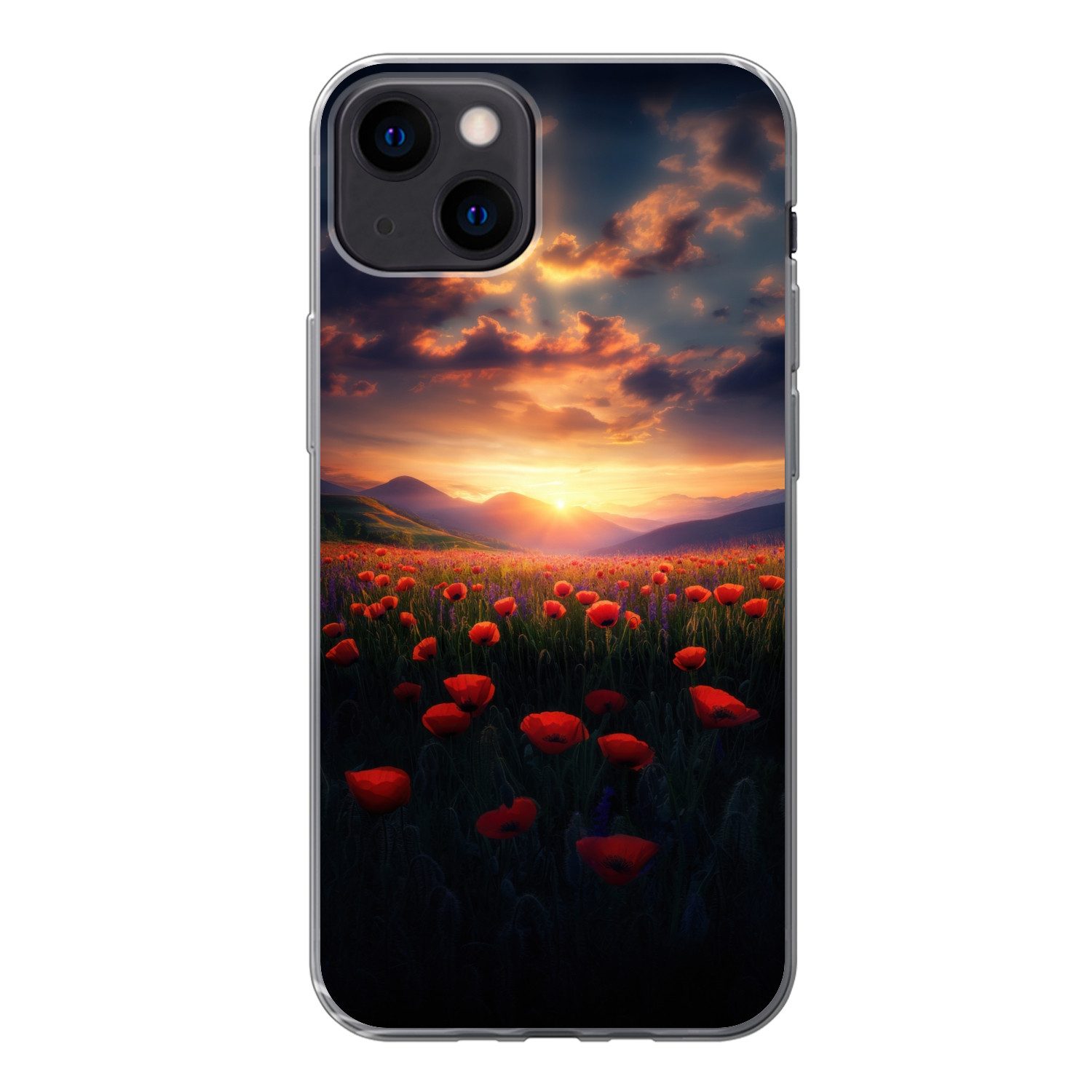 MuchoWow Handyhülle für Apple iPhone 13 Landschaft - Sonnenuntergang - Blumenfeld, Smartphone-Bumper, Print, Handy Schutzhülle Dünn
