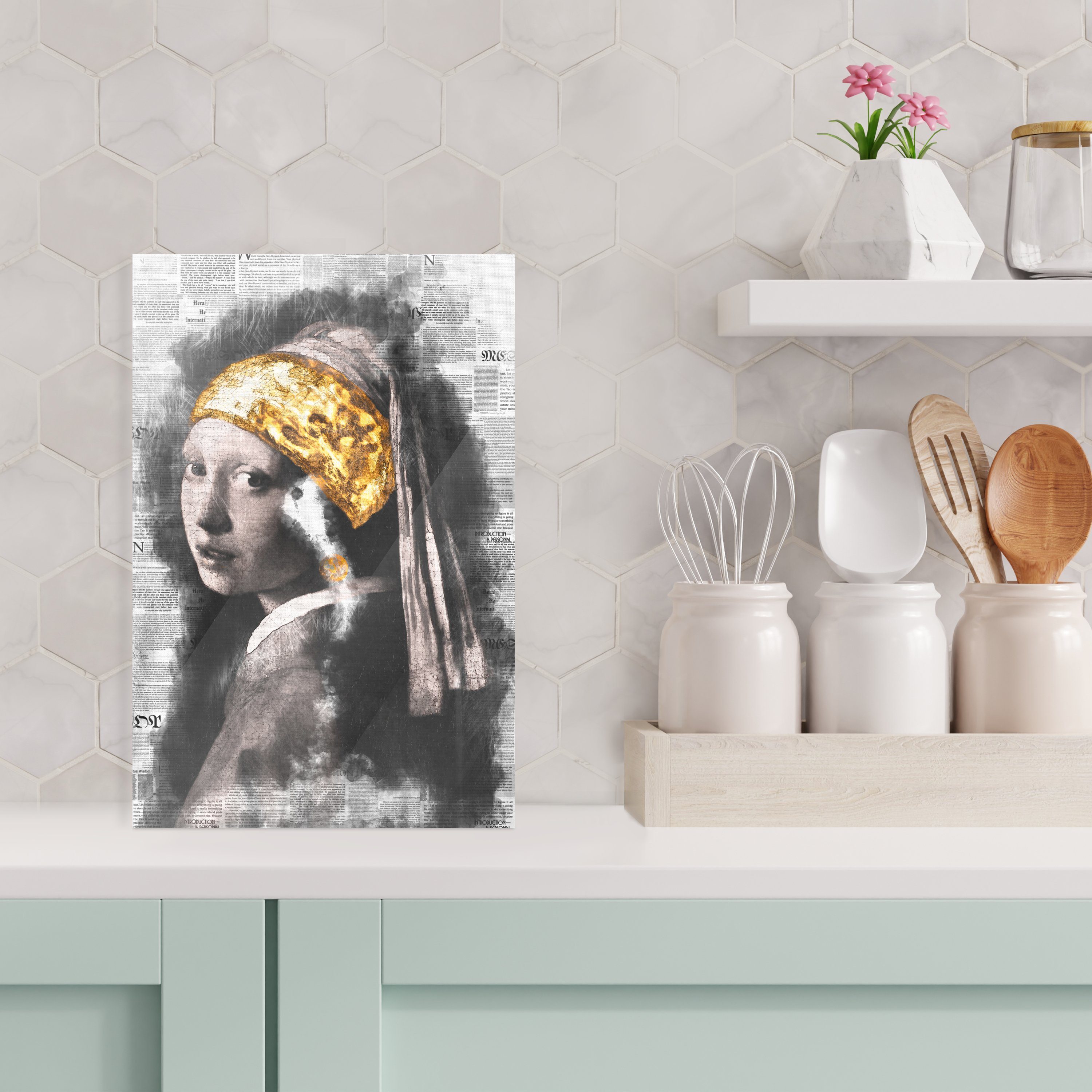 MuchoWow Acrylglasbild Mädchen mit Bilder Foto Gold, Wandbild Glas - - bunt - auf Zeitungsartikel Vermeer Glas - Johannes Glasbilder St), Perlenohrring - Wanddekoration - auf (1