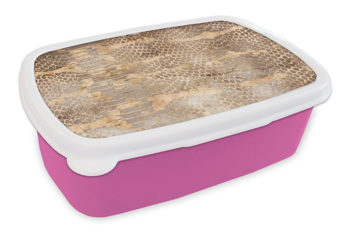 MuchoWow Lunchbox Tiermuster - Gold - Schlange, Kunststoff, (2-tlg), Brotbox für Erwachsene, Brotdose Kinder, Snackbox, Mädchen, Kunststoff rosa