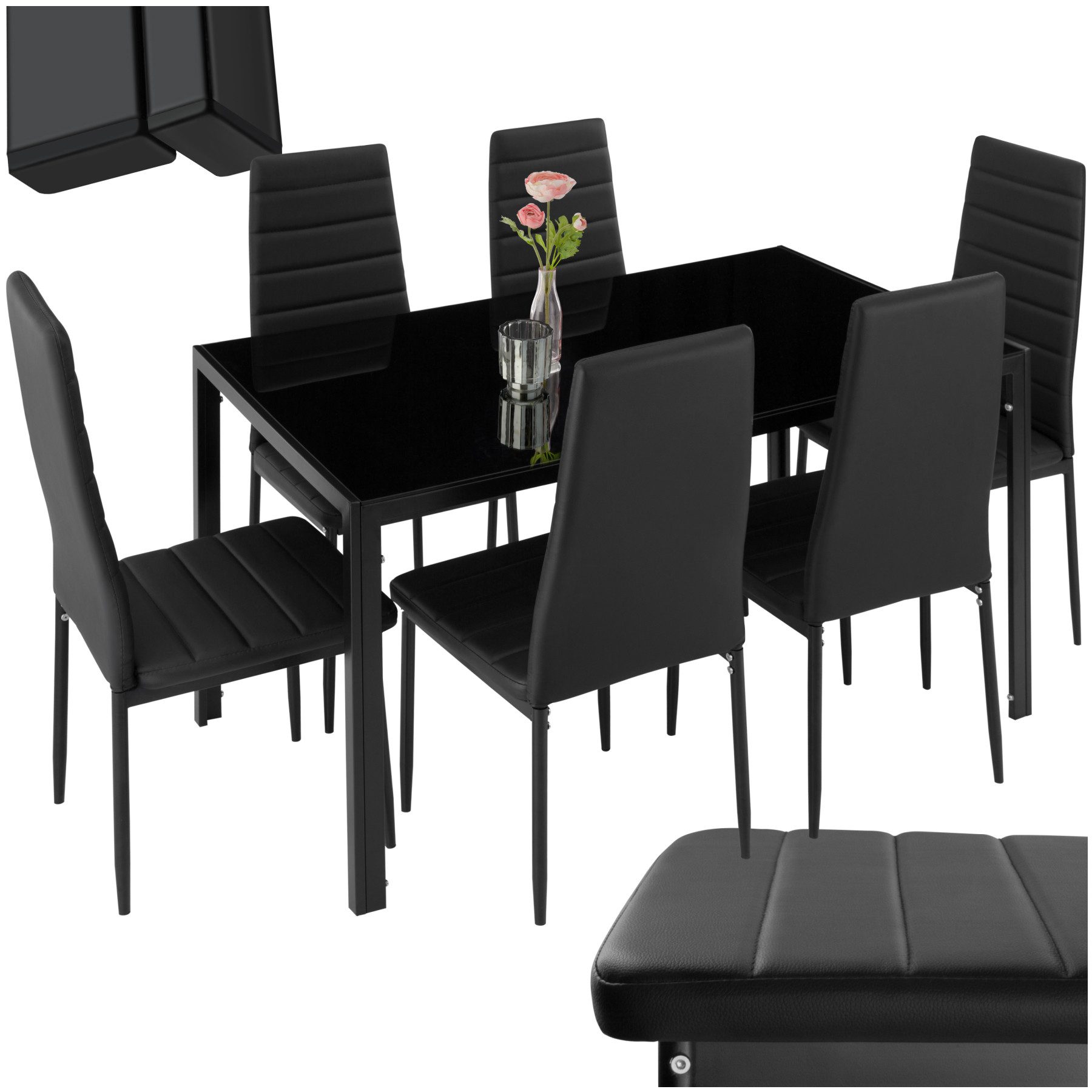 tectake Sitzgruppe Essgruppe Brandenburg mit Kunstlederstühlen und Glastisch, (Esszimmertisch Set Brandenburg, 7-tlg., in schwarz/schwarz), Bodenschonende Kunststoffkappen inklusive