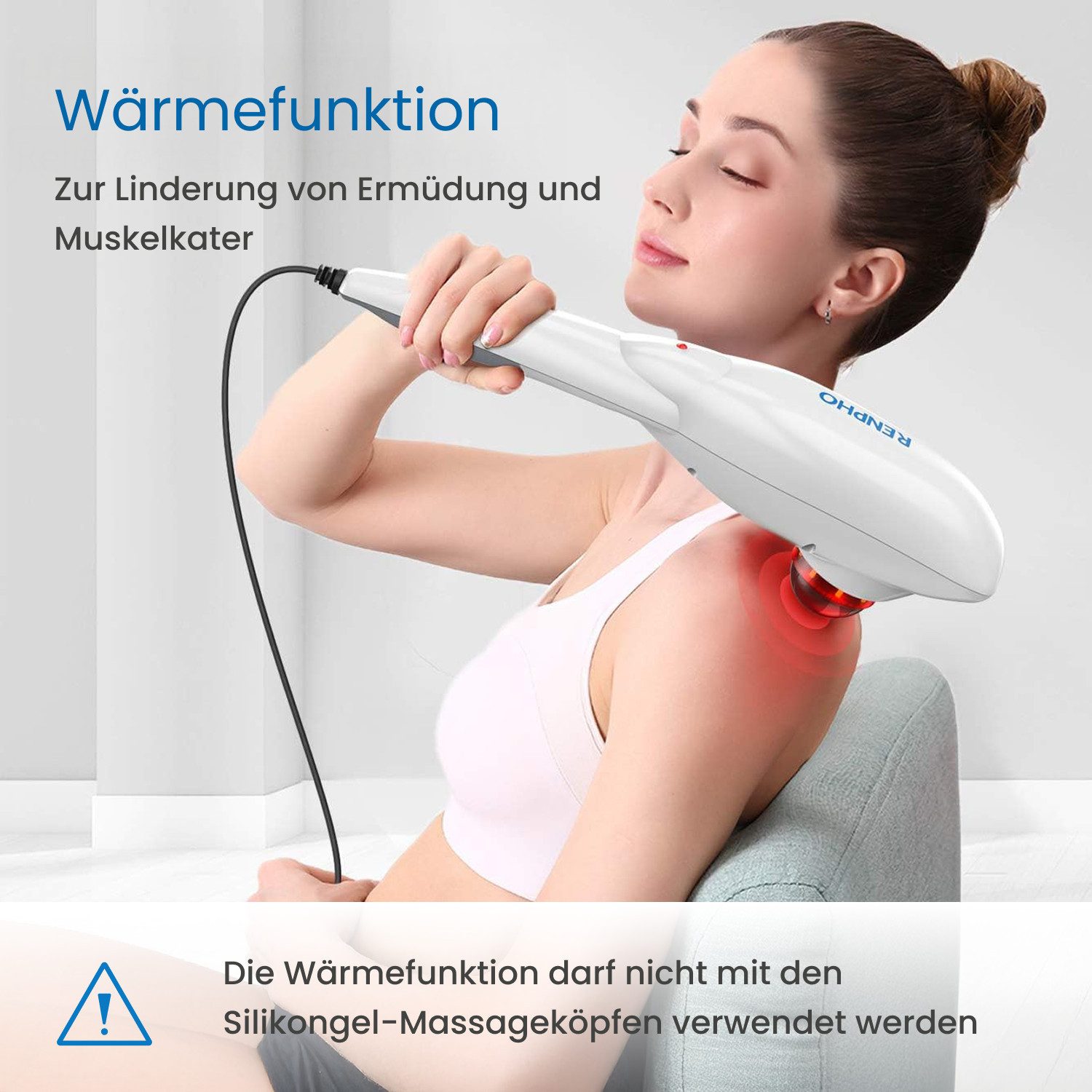 RENPHO Massagegerät Handheld Rückenmassagegerät mit Wärme, Rückenmassage mit Wärme, 3 Aufsätze, 5 Stufen, Abschaltung, Netz