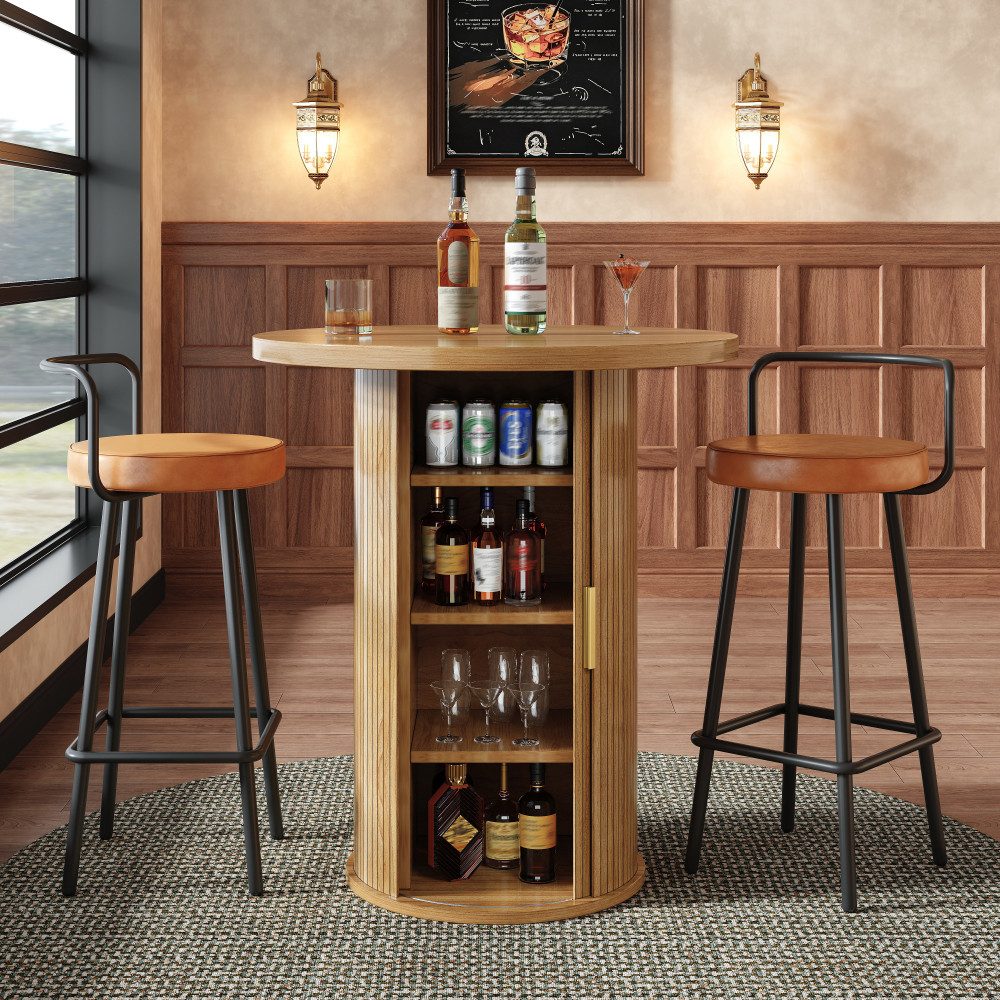 BBWL Esstisch mit Stauraum und Schrank, Stehtisch aus MDF und Metall, Runder Bartisch, 91,6 cm hoch, belastbar bis 75 kg