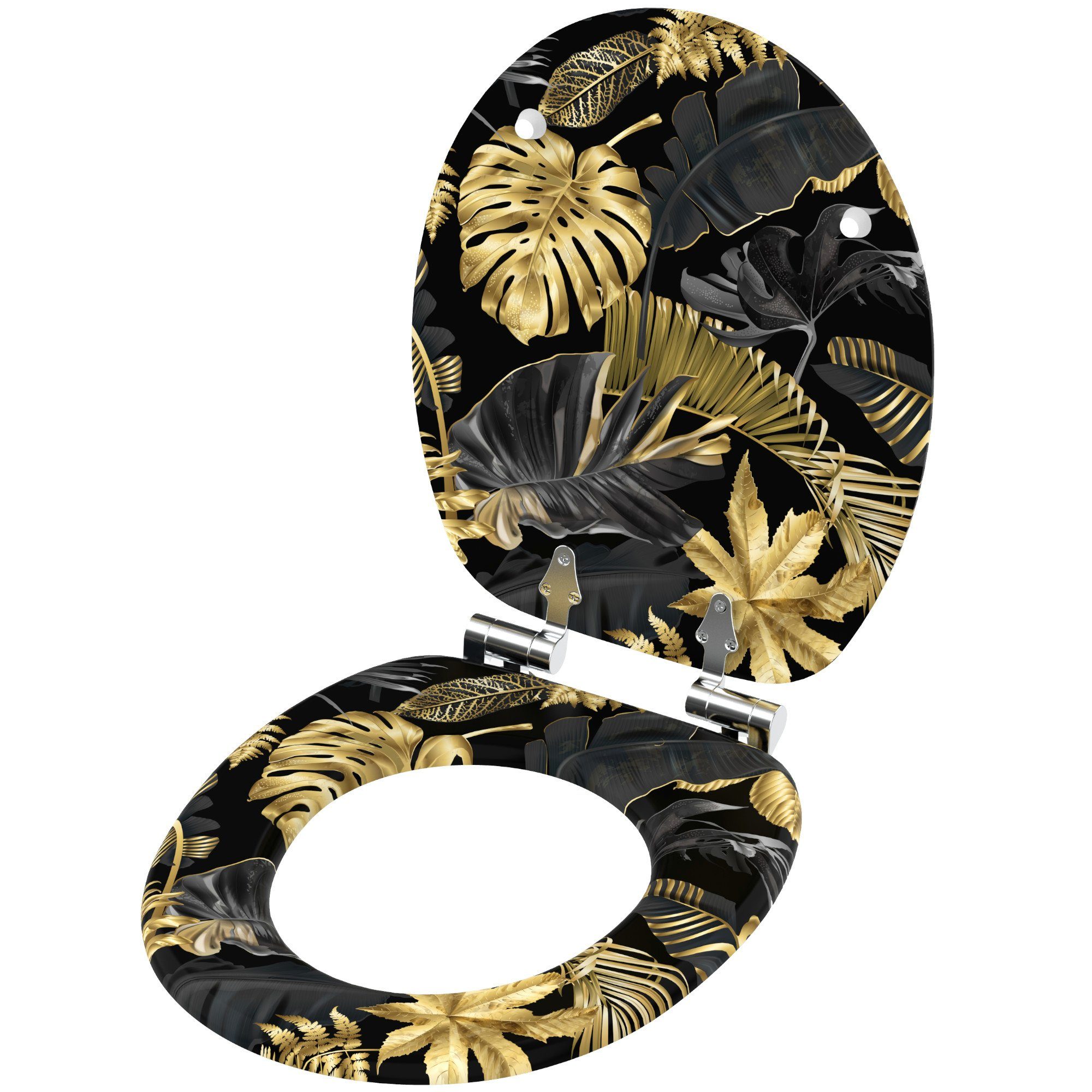 Sanilo Badaccessoire-Set 6-teilig Golden Leaves, WC-Sitz mit Absenkautomatik, Badteppich 70 x 110 cm, Waschbeckenstöpsel, Badewannenstöpsel, Seifenspender, WC-Bürste, 6 tlg., hochwertig & modern, universell, leichte Montage