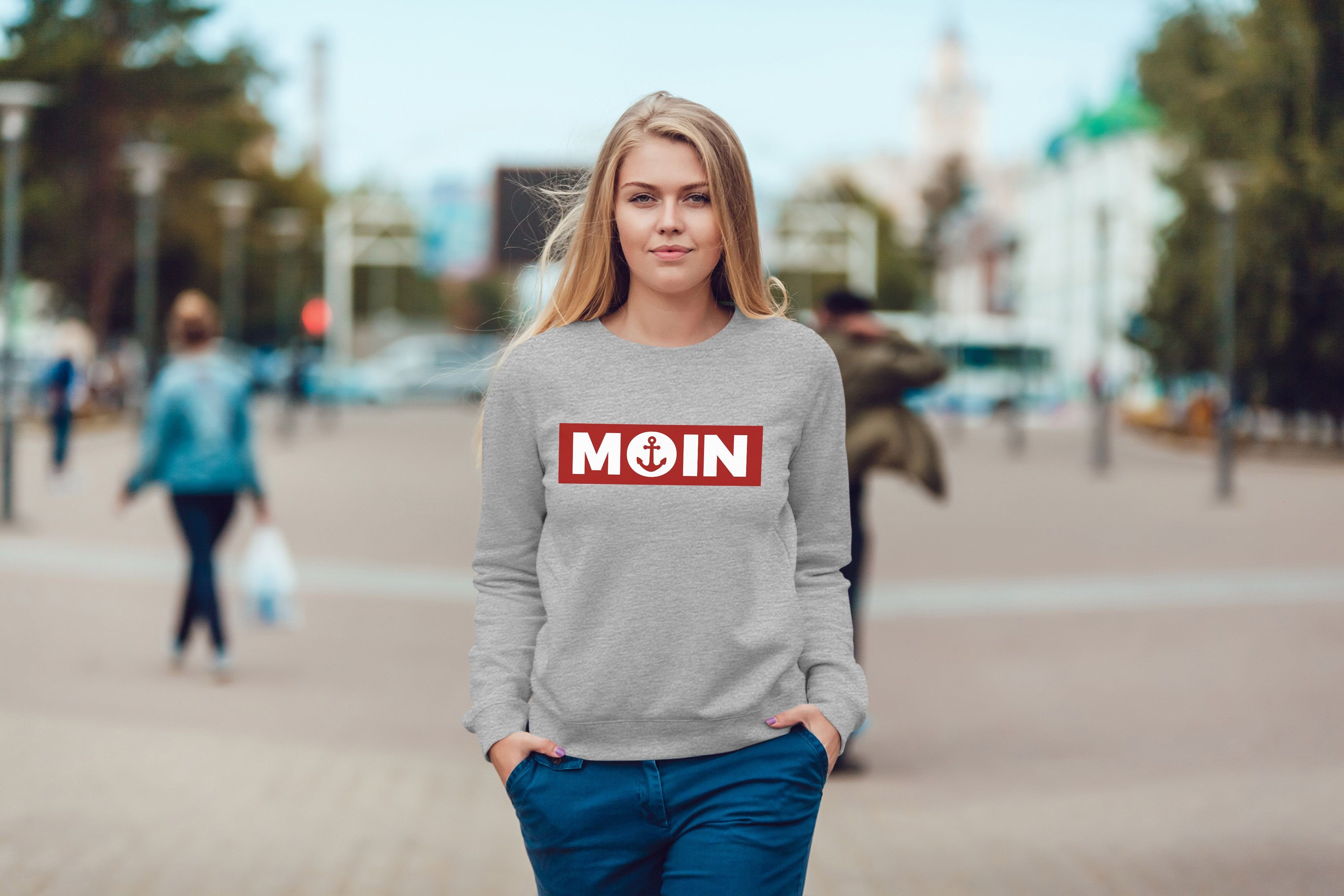 grau Sweatshirt Sweatshirt Anker Damen Pulli Neverless Badge Morgen Neverless® Rundhals-Pullover Sweater norddeutsch Moin