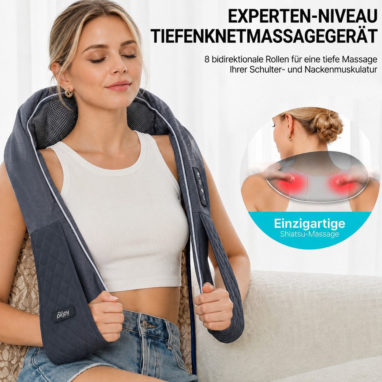 ALLJOY Nacken-Massagegerät 2200mAh Nackenmassagegerät mit Wärme,4D Shiatsu Massagegerät kabellos, Nacken Schulter,120 Min. Laufzeit,Tiefenmassage,Muskelverspannungen