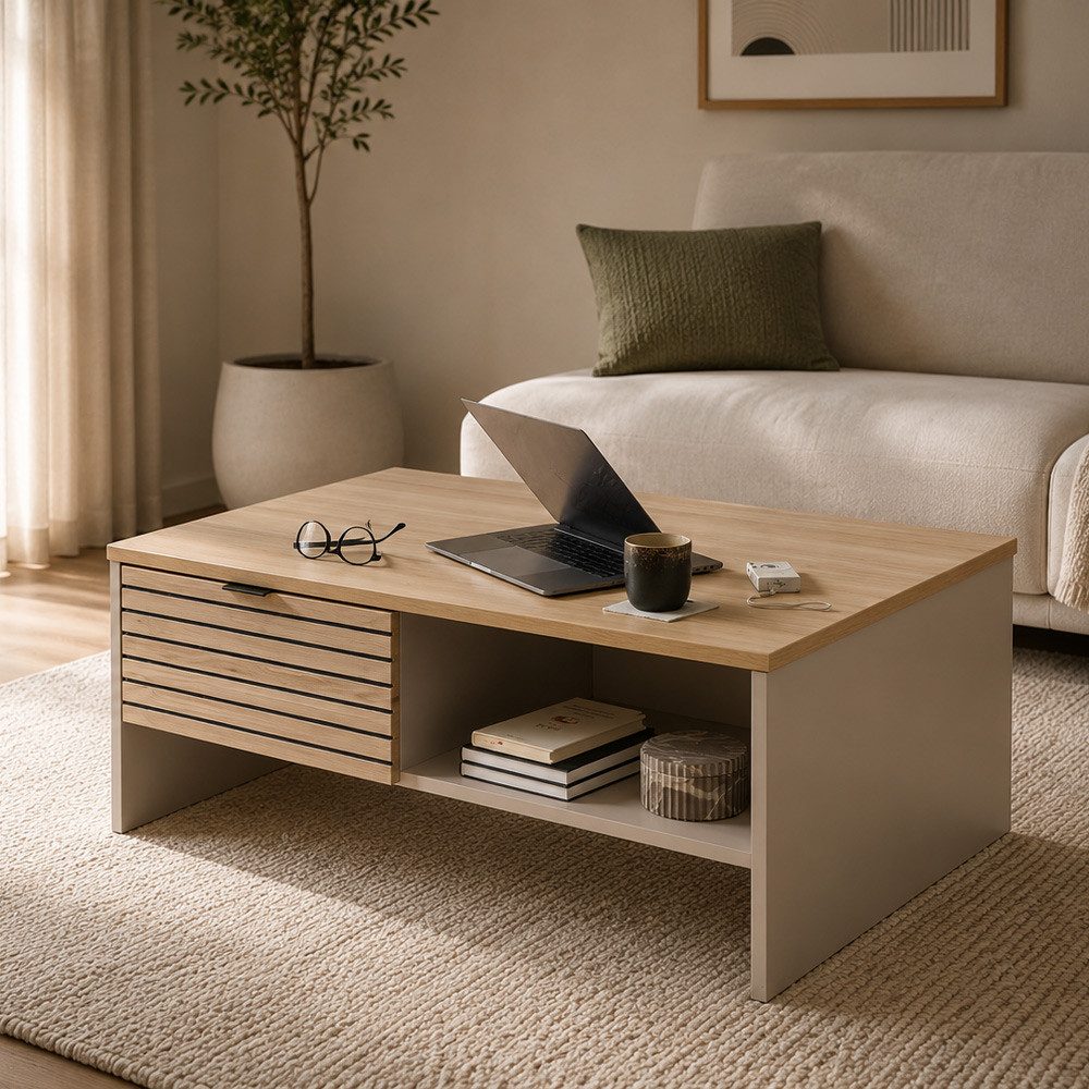 Lomadox Couchtisch ISCHIA-36, in Beige mit Eiche, 110 cm breit, Lamellenoptik