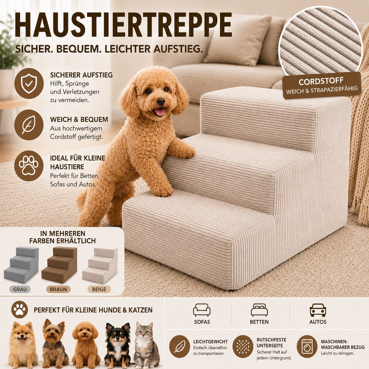 Muralo Haustiertreppe Hundetreppe für Kleine Hunde (1-St), 3 Stufen, Belastbar bis 17 kg, Cord Stoff Bezug, Waschbar