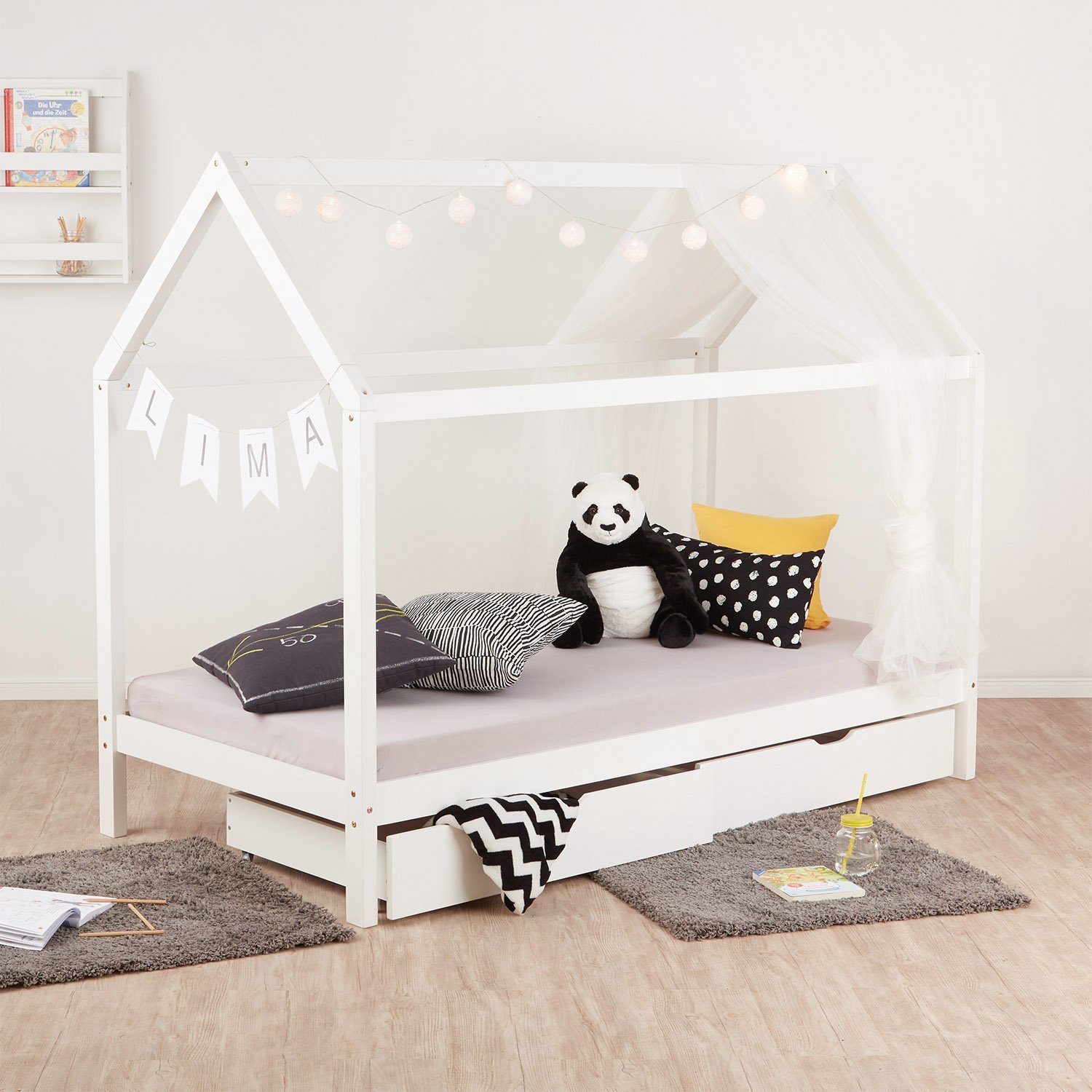 Homestyle4u Hausbett 90x200 Bettgestell mit Stauraum Dach Holz Kiefer Kinderbett (Set, mit Lattenrost und Bettkasten/Schublade), Weiß