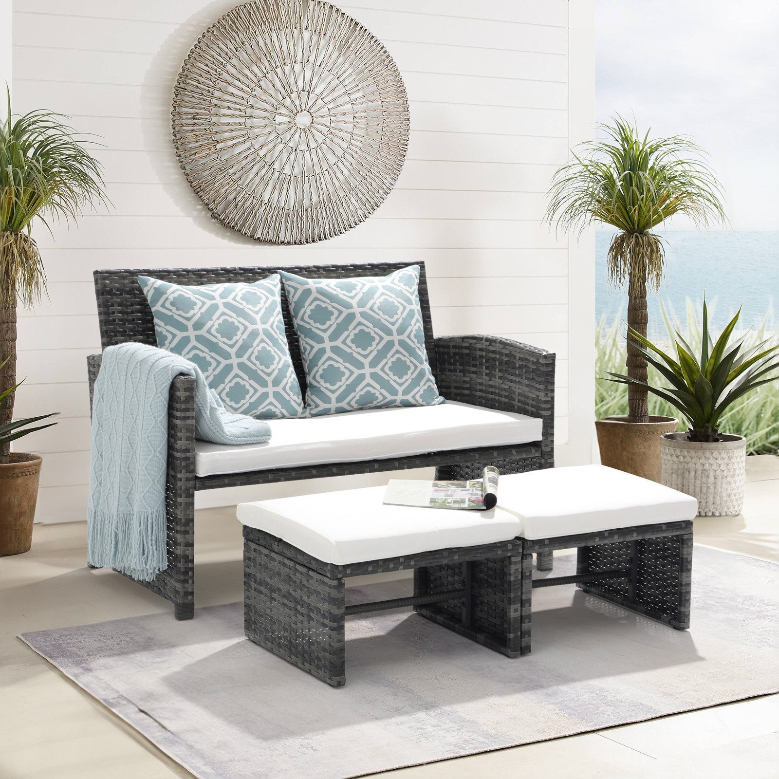 JOIVI Gartenbank Outdoor Loveseat (3-tlg Terrassenmöbel-Set, Allwetter Rattan Gartenbank mit 2 Hocker), Grau Rattan&Grau Kissen