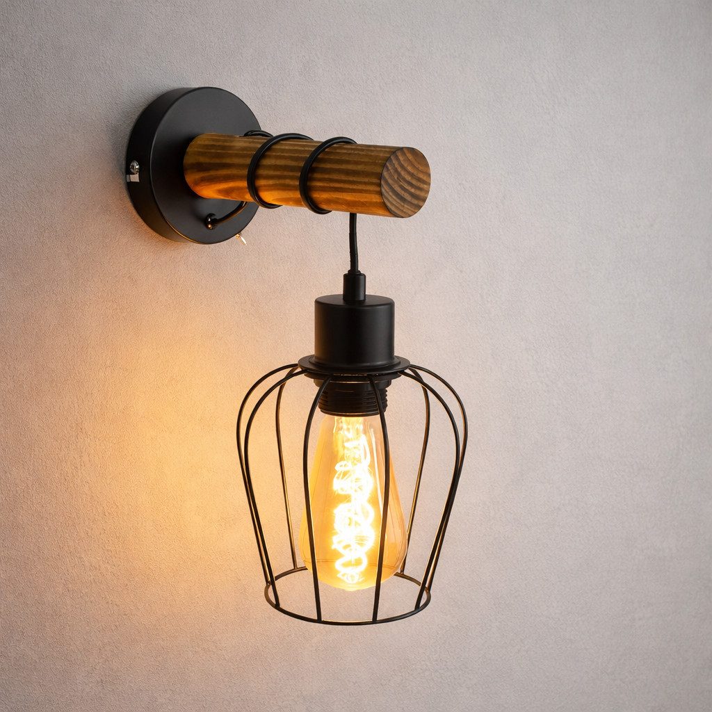ZMH Wandleuchte Retro Wandleuchte Holz Innen Wandlampe Vintage mit Schalter E27, LED wechselbar, Schwarz Metall Wandspot Rustikal für Schlafzimmer