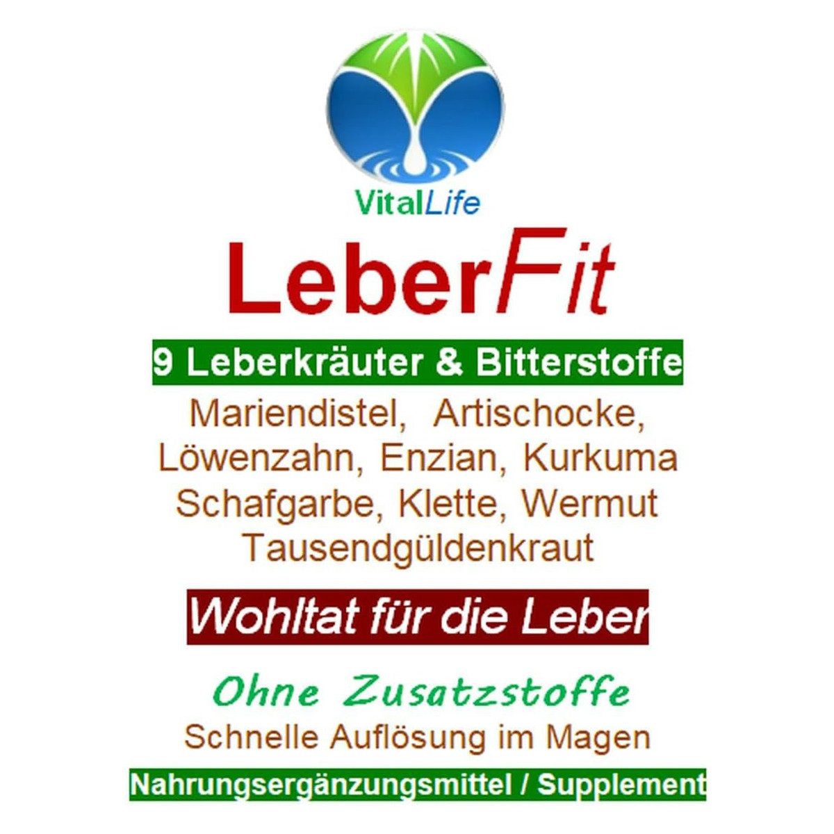 VitalLeben LeberFit Komplex 9 Kräuter & Bitterstoffe Natur Pur Ohne Zusatzstoffe Kapsel, 4 er Dose à 180 St., 349,2 g, Art. 26459-720