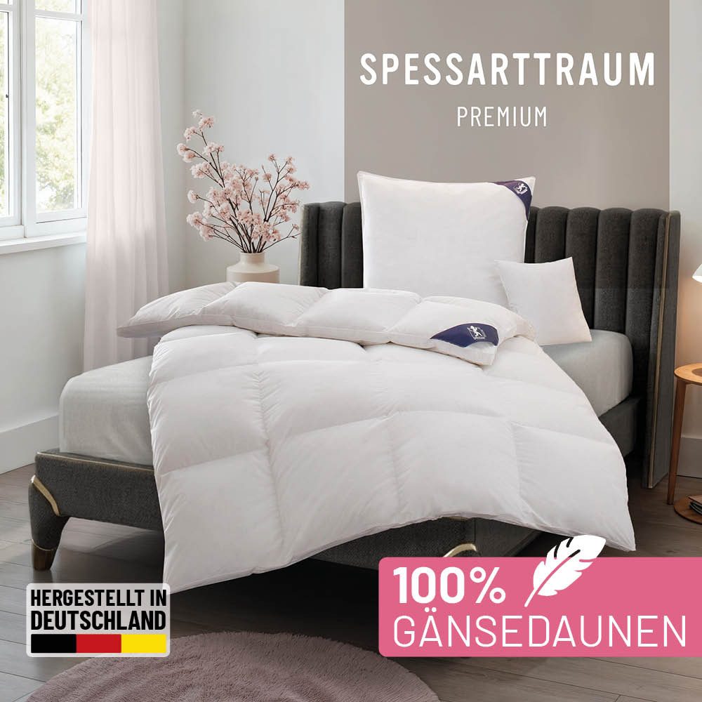 SPESSARTTRAUM Gänsedaunenbettdecke Premium****, hergestellt in Deutschland, Bettdecken für Sommer, Winter, Füllung: 100% Gänsedaunen, Klasse 1, Downpass zertifiziert, Bezug: 100% Baumwolle, Made in Green, Hausstauballergiker geeignet, 4 Wärmeklassen & 5 Größen, Bestseller