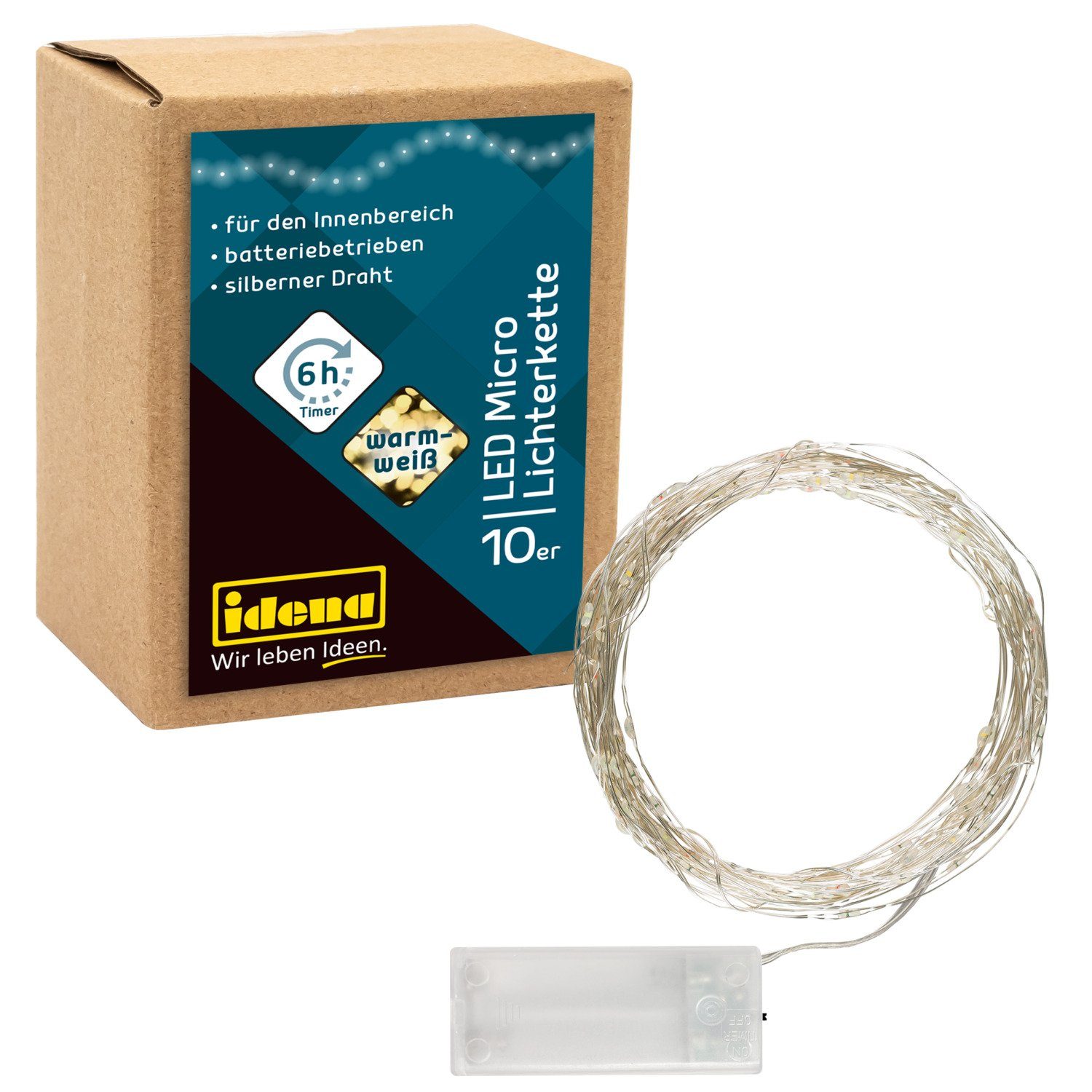 Idena LED-Lichterkette Idena 31114 - LED Micro Lichterkette mit 10 LEDs in Warmweiß, 6 Stunde