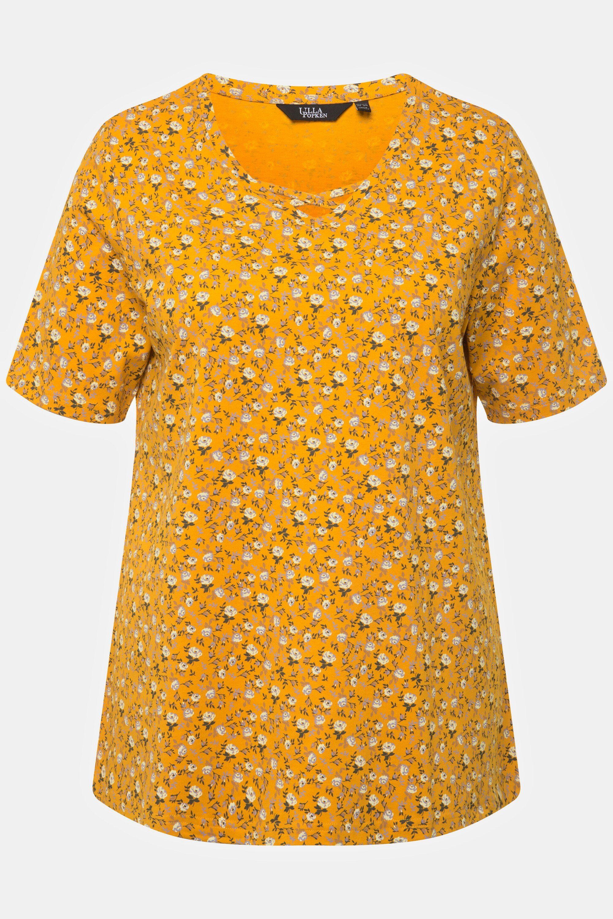 Popken Rundhalsshirt Halbarm Ulla A-Linie T-Shirt Blüten orange-gelb V-Ausschnitt