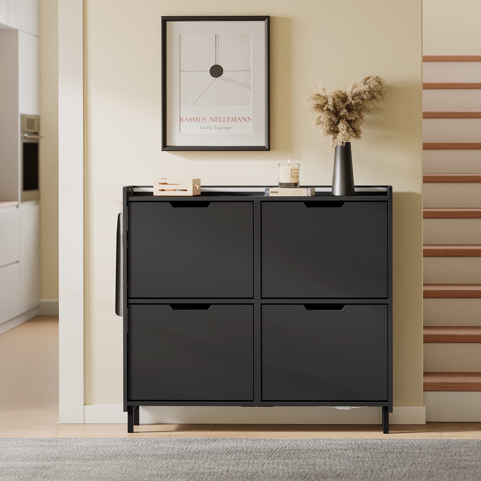 SoBuy Schuhschrank FSR100, Schuhschrank schmal, Schuhregal Schuhkipper Flurschrank, Licht Schuhschrank hängend, mit Sensorlicht, 4 Klappen, Schuhaufbewahrung