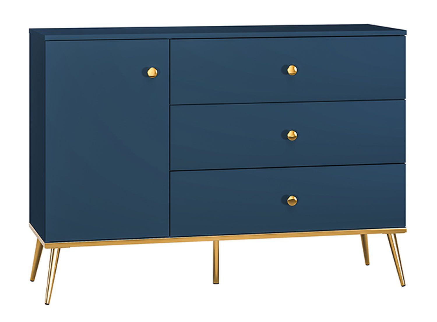 Feldmann-Wohnen Sideboard Marine (1 Tür, 1 Einlegeboden, 3 Schubladen, 1 St., 1-teilig, goldene Metallgriffe, goldene Metallfüße), B/T/H 120 cm / 40 cm / 85 cm dunkelblau / gold