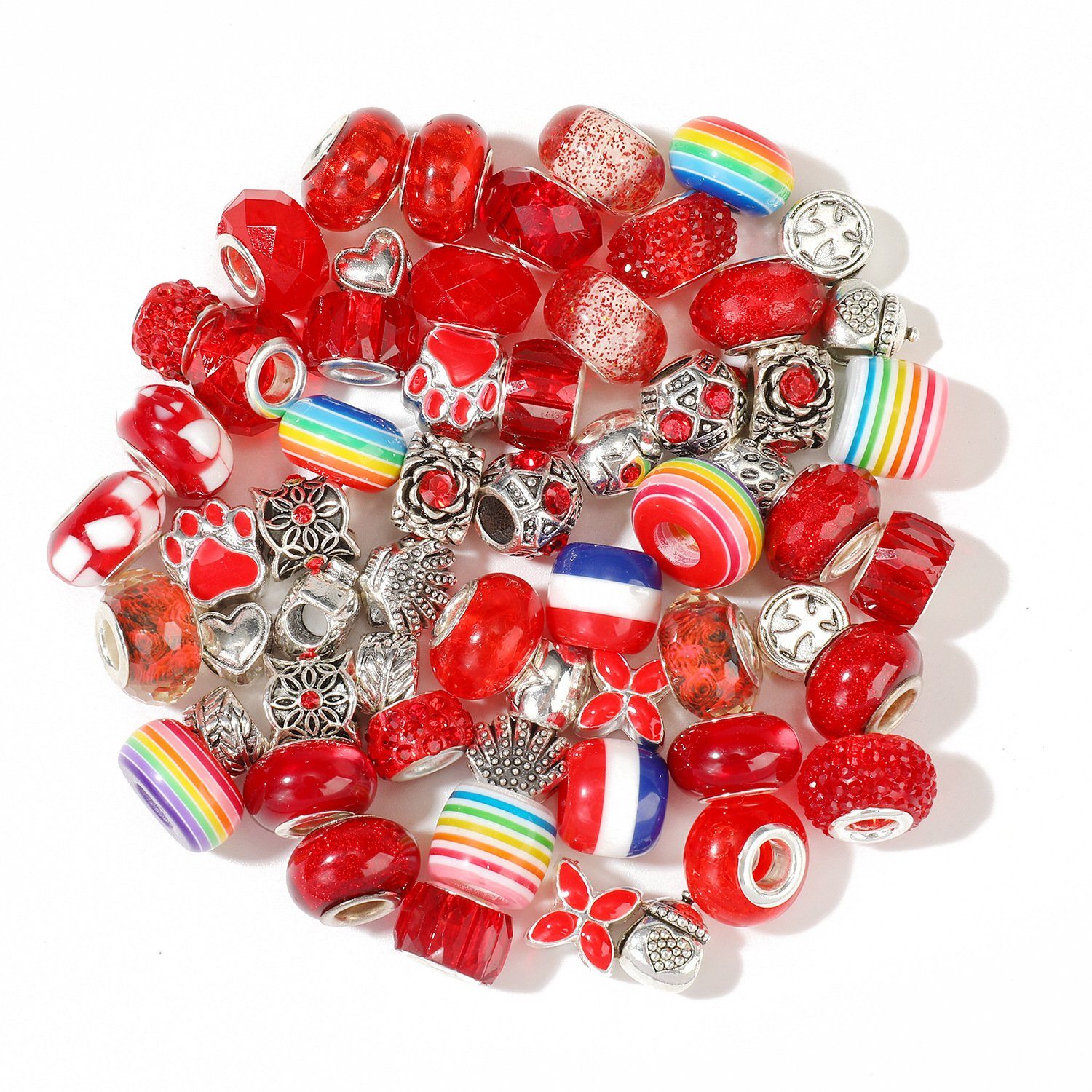 Kopper-24 Bastelperlen Großlochperlen Glasperlen Charm Mix mit 60 Perlen, Rot