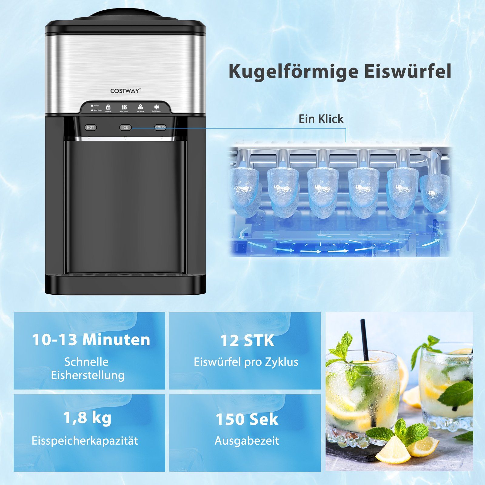 COSTWAY Eiswürfelmaschine 3-in-1 mit Wasserspender, heißes/kaltes Wasser