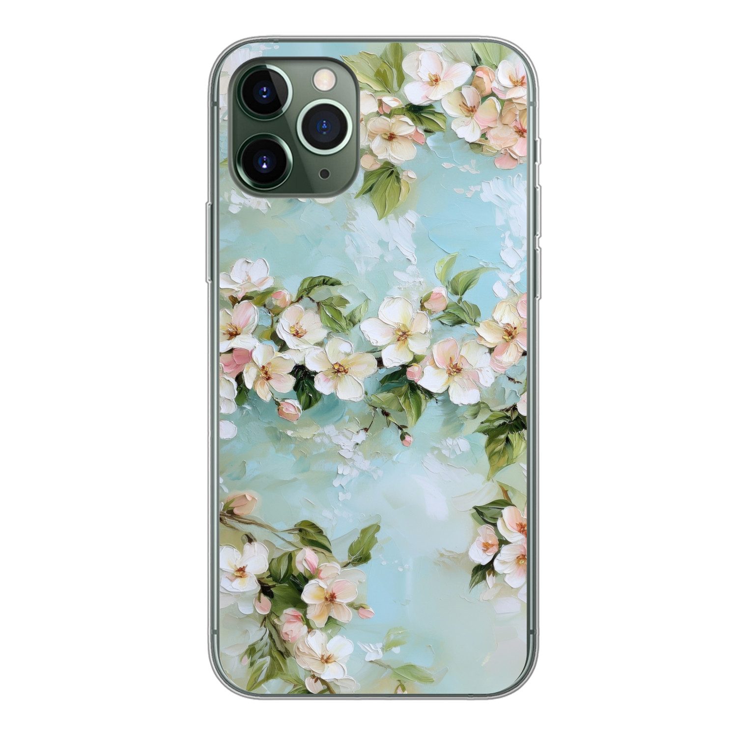 MuchoWow Handyhülle für Apple iPhone 11 Pro Blüte - Blätter - Hellblau, Smartphone-Bumper, Print, Handy Schutzhülle Dünn