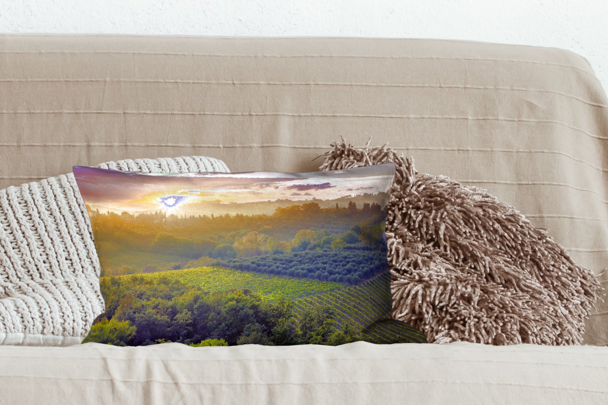 MuchoWow Dekokissen Toskana - Landschaft - Schlafzimmer Dekoration, mit Sonne, Dekokissen Zierkissen, Füllung, Wohzimmer