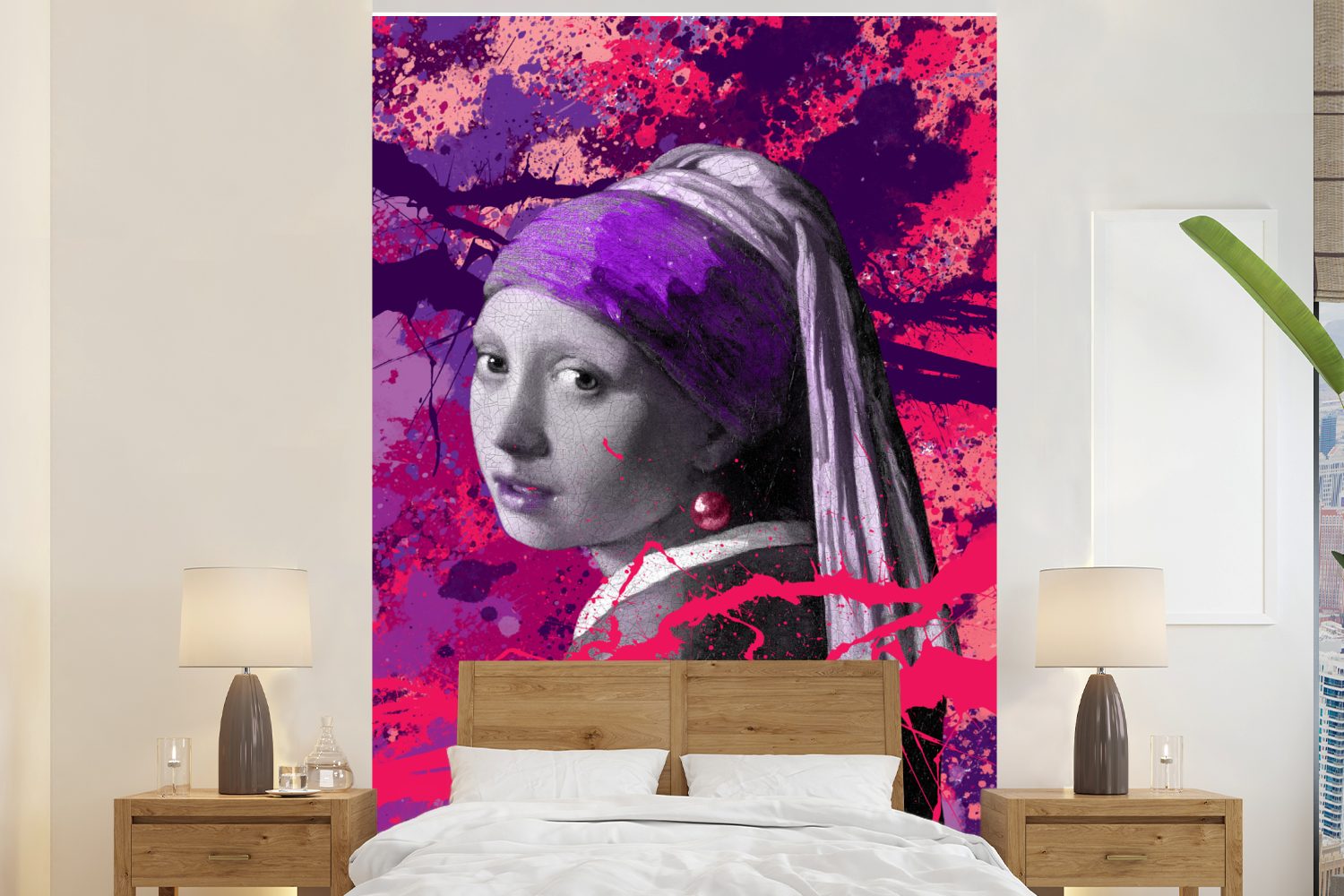 MuchoWow Fototapete Das Mädchen mit dem Perlenohrring - Johannes Vermeer - Lila, Matt, bedruckt, (3 St), Montagefertig Vinyl Tapete für Wohnzimmer, Wandtapete