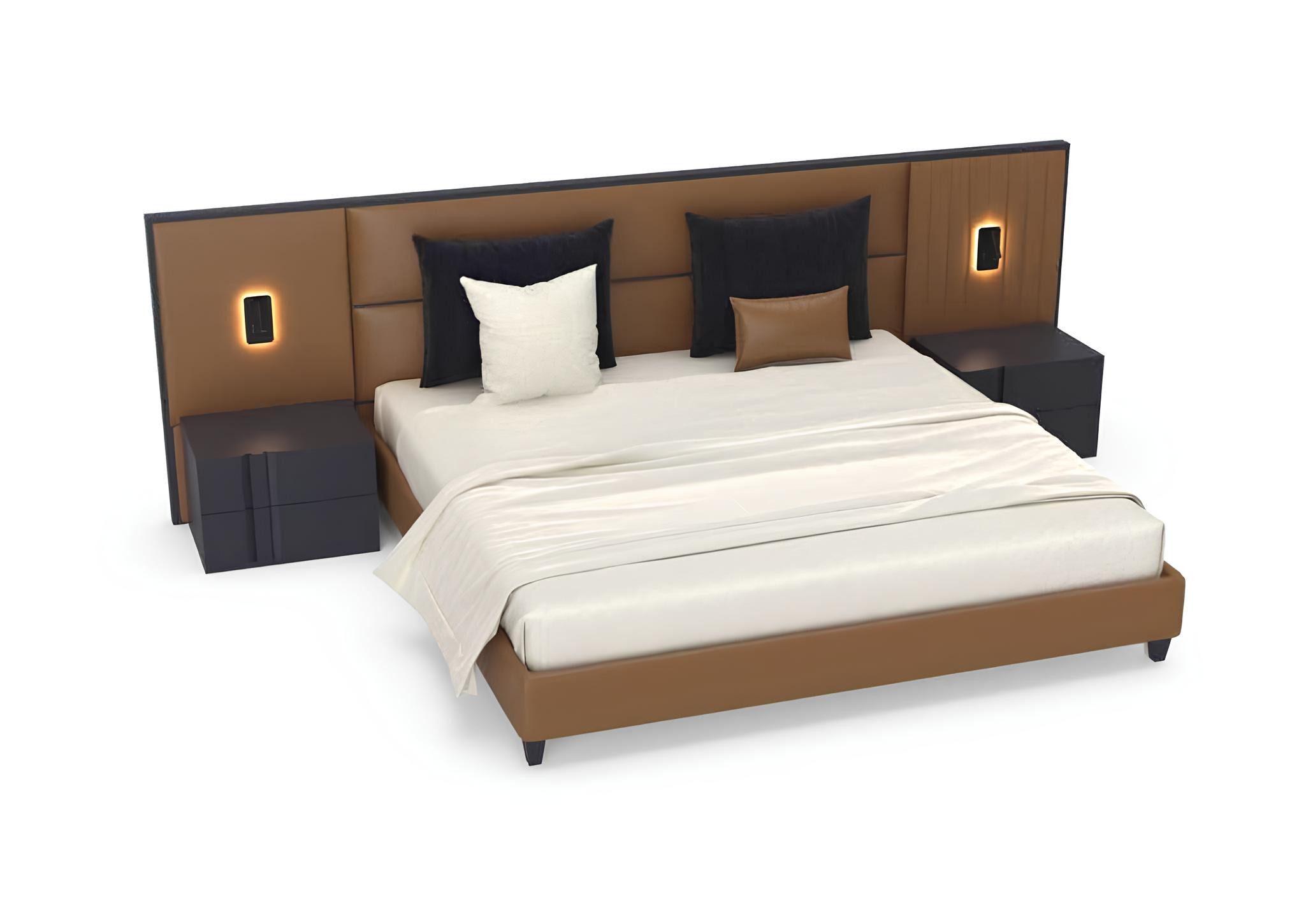 JVmoebel Schlafzimmer-Set Eleganter Nachttisch aus Holz und Kunstleder in warmen Brauntönen, (3-tlg., 1x Bett + 2x Nachttisch), Made in Europa