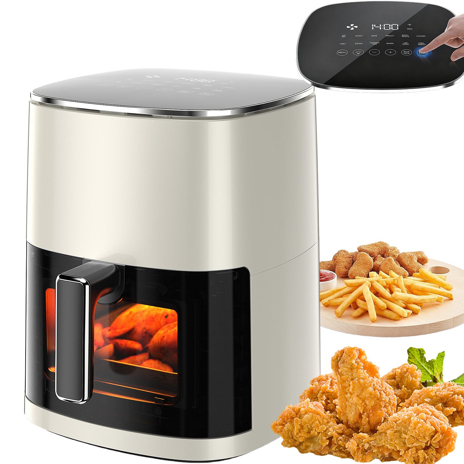 Comfy Mate Heißluftfritteuse XXL Airfryer 6L Touch Display, Sichtfenster 12 Automatikprogramme, 1700 W, Spülmaschinenfest, fettarmes gesundes Kochen, Für 3-5 Personen