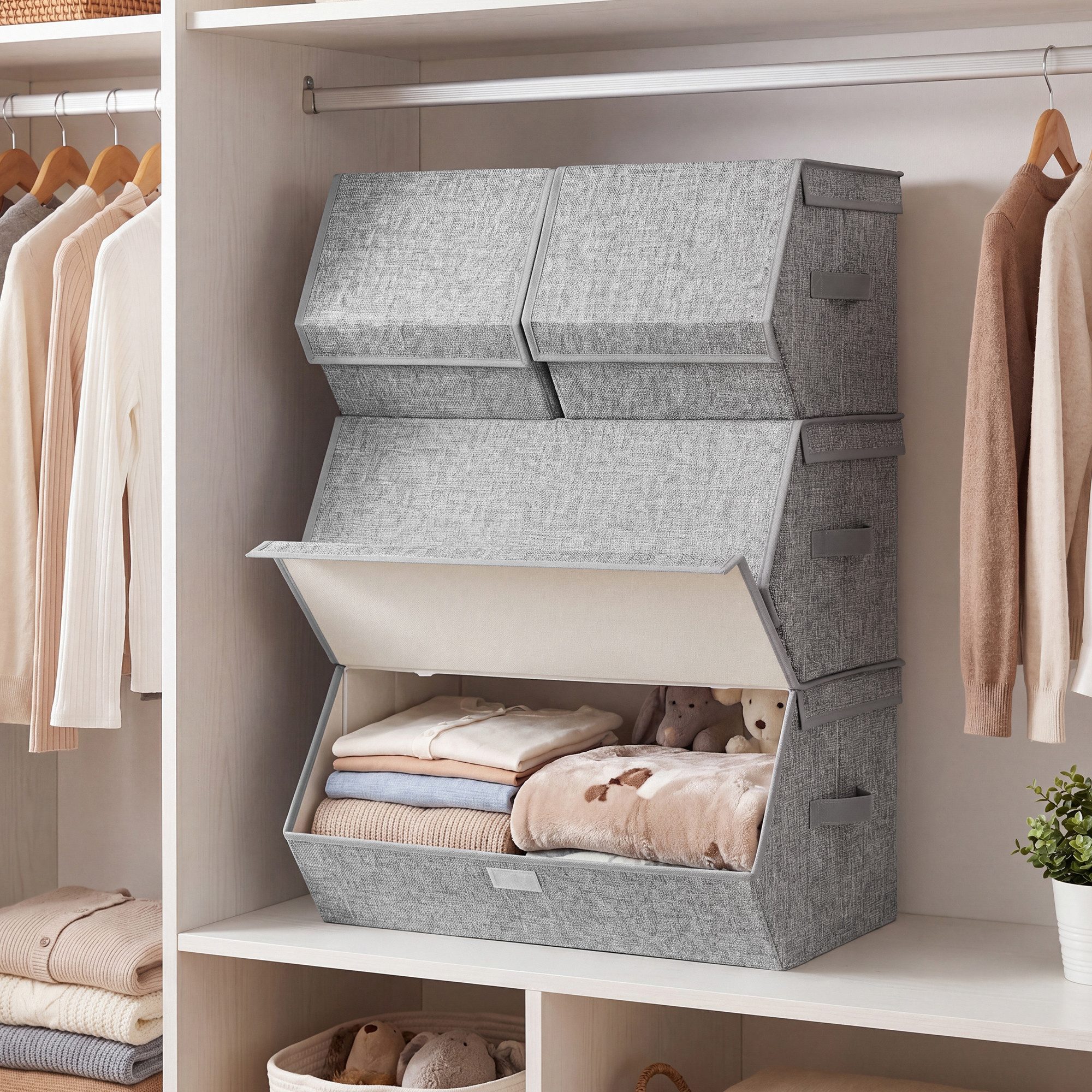 SONGMICS Aufbewahrungsbox mit Magnetverschluss, Stoffboxen Aufbewahrung, mit Deckel, 4er Set Kleiderschrank-Organizer, stapelbar