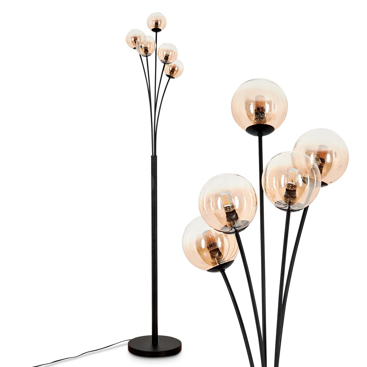 hofstein Stehlampe Stehlampe aus Metall/Glas in Schwarz/Bernstein, ohne Leuchtmittel, Leuchte mit Glasschirmen (10cm), dimmbar, 5xG9, ohne Leuchtmittel