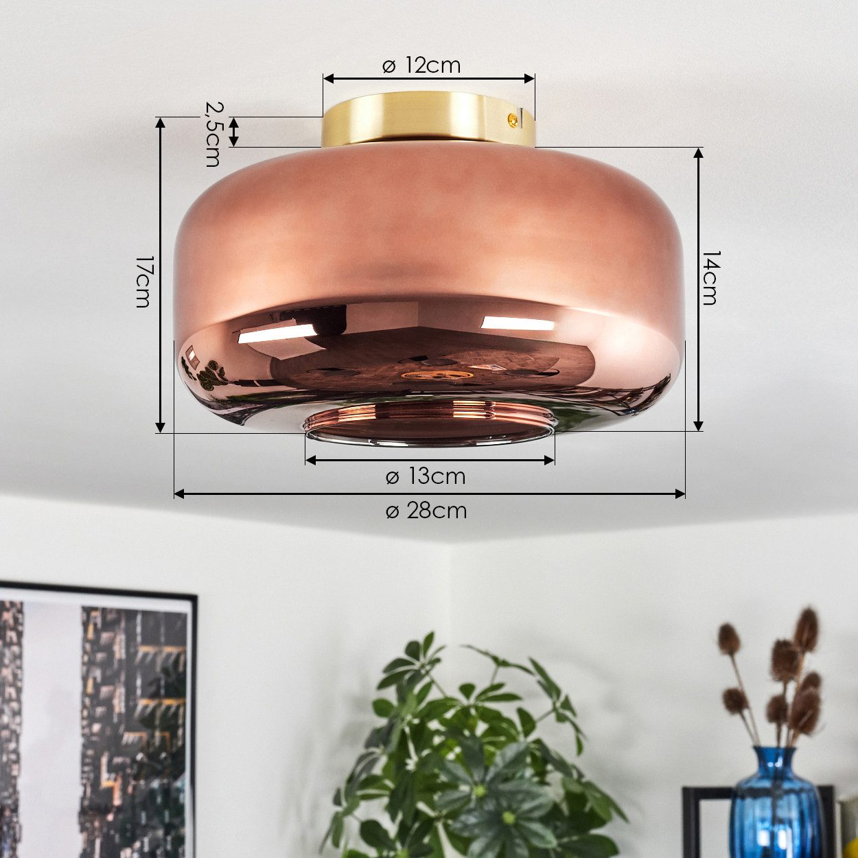 hofstein Deckenleuchte runde Deckenlampe aus Metall/Glas in Messingfarben/Kupferfarben, ohne Leuchtmittel, Retro/Vintage, mit Schirm aus Glas (28 cm), 1x E27, o – Bild 4 von 5