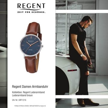 Regent Quarzuhr Regent Damen Uhr F-1216 Leder Quarz, Damen Armbanduhr rund, mittel (ca. 32mm), Lederarmband