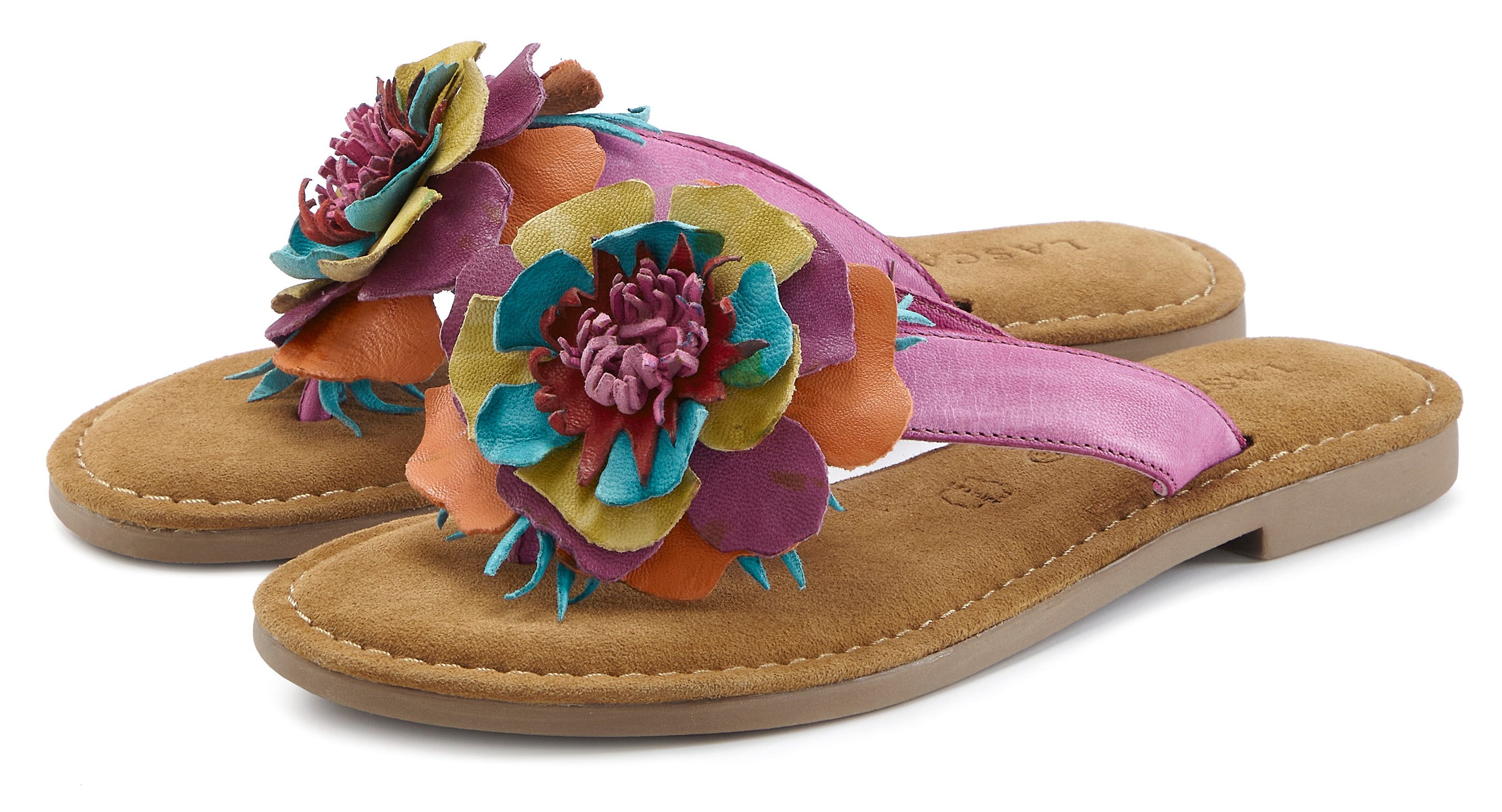 LASCANA Sommerschuh, offener Schuh, Mule, Sandale, Pantolette NEU aus Leder mit raffinierter Blumen-Applikation