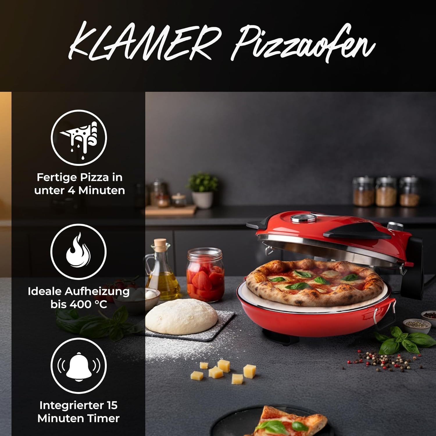 KLAMER Pizzaofen abnehmbarer Keramik Pizzastein, 5 Temperaturstufen, 15 Minuten Timer,…, Herausnehmbarer Pizzastein, 5 Temp.-Stufen, Cool-Touch-Griffe