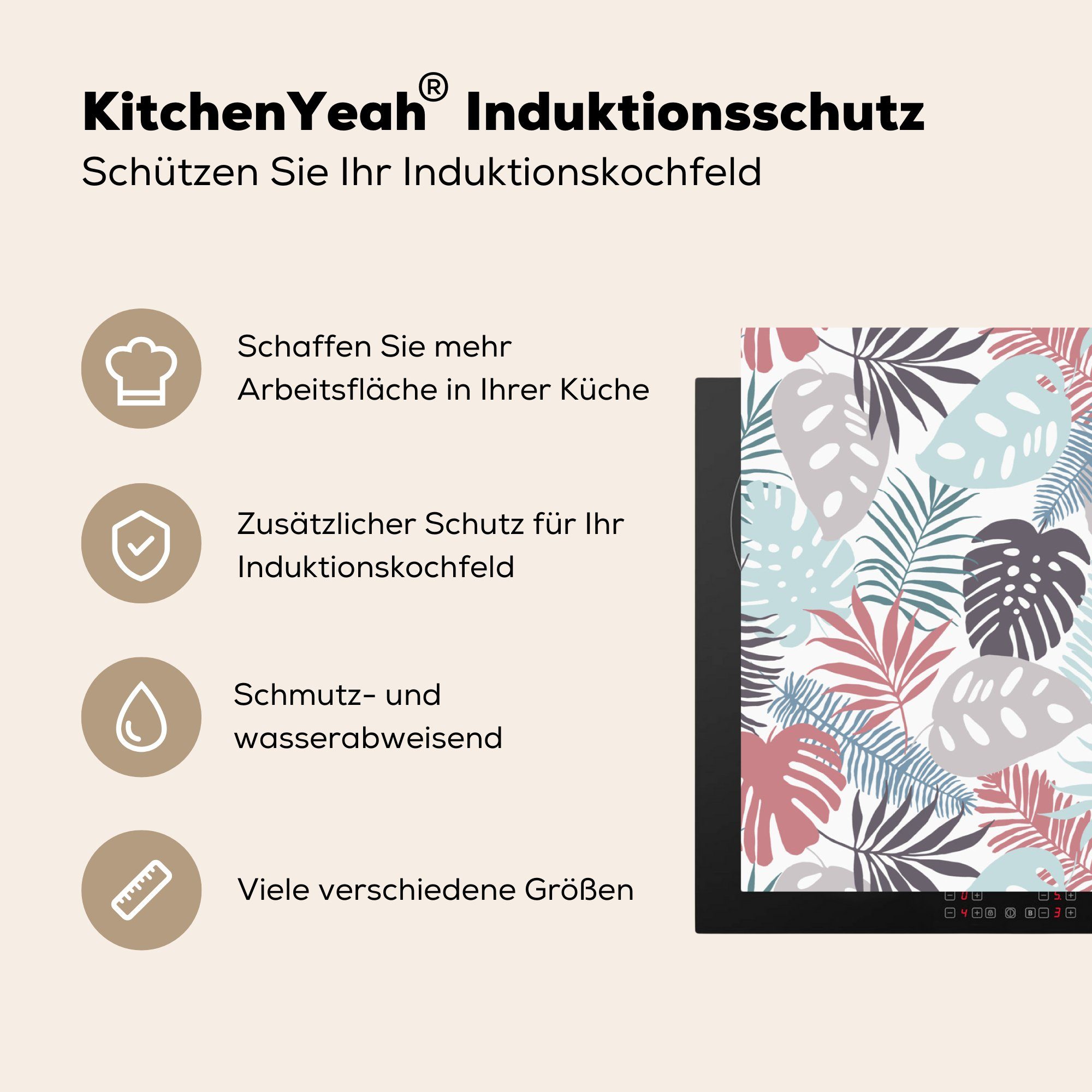 MuchoWow Herdblende-/Abdeckplatte Blätter tlg), Dschungel, küche (1 Tropisch 83x51 für Arbeitsplatte - Ceranfeldabdeckung, - Pastell - Vinyl, cm