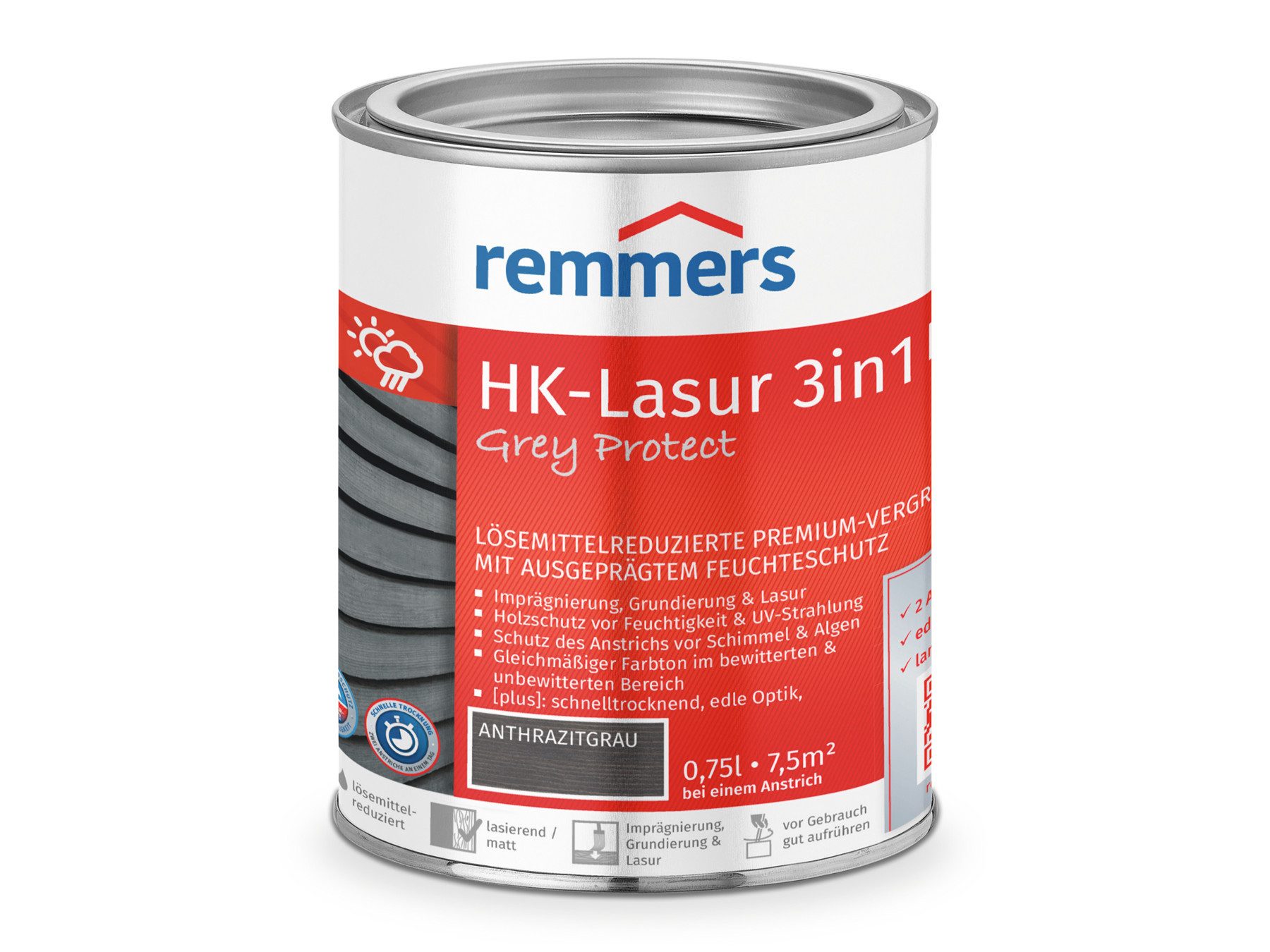 Remmers Holzschutzlasur HK-Lasur 3in1 Grey Protect [plus] anthrazitgrau matt 0,75 Liter