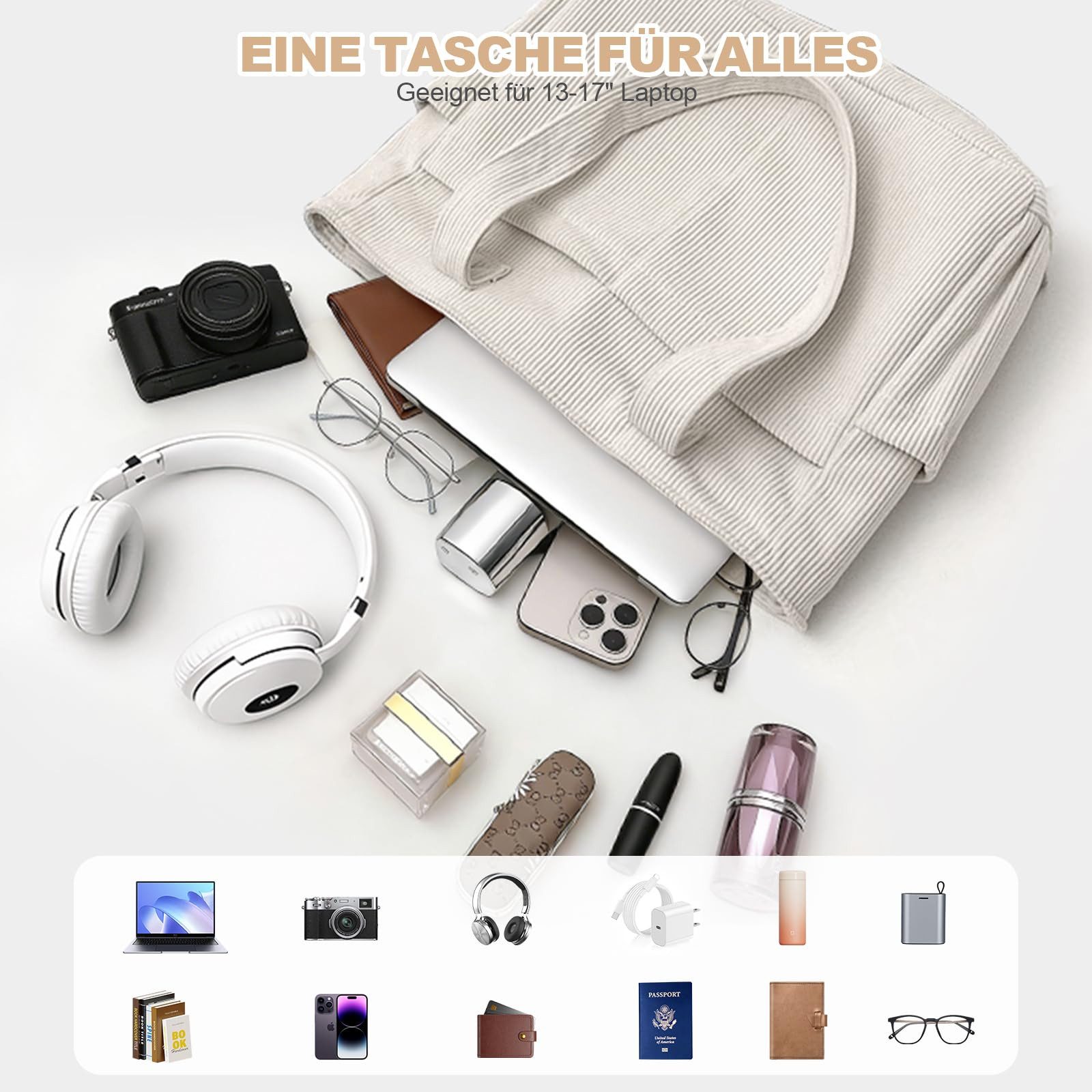 Zaewry Schultertasche Damen-Cord-Schultertasche, große Tragetasche mit viel Stauraum, modische Handtasche für Arbeit, Fitnessstudio, Schule oder Reisen – Bild 5 von 5