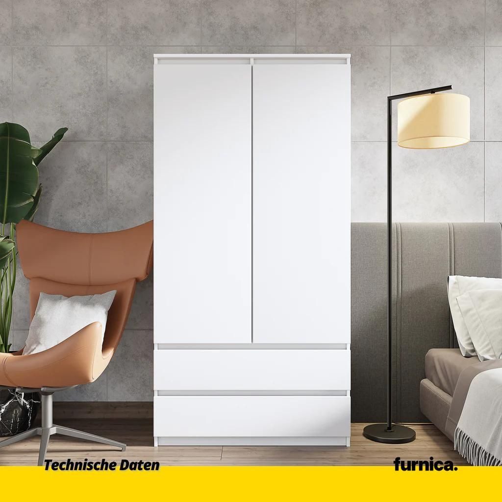Furnica Kleiderschrank Joelle Weiß Matt, 2 Türen und 2 Schubladen H180cm B90cm T50cm