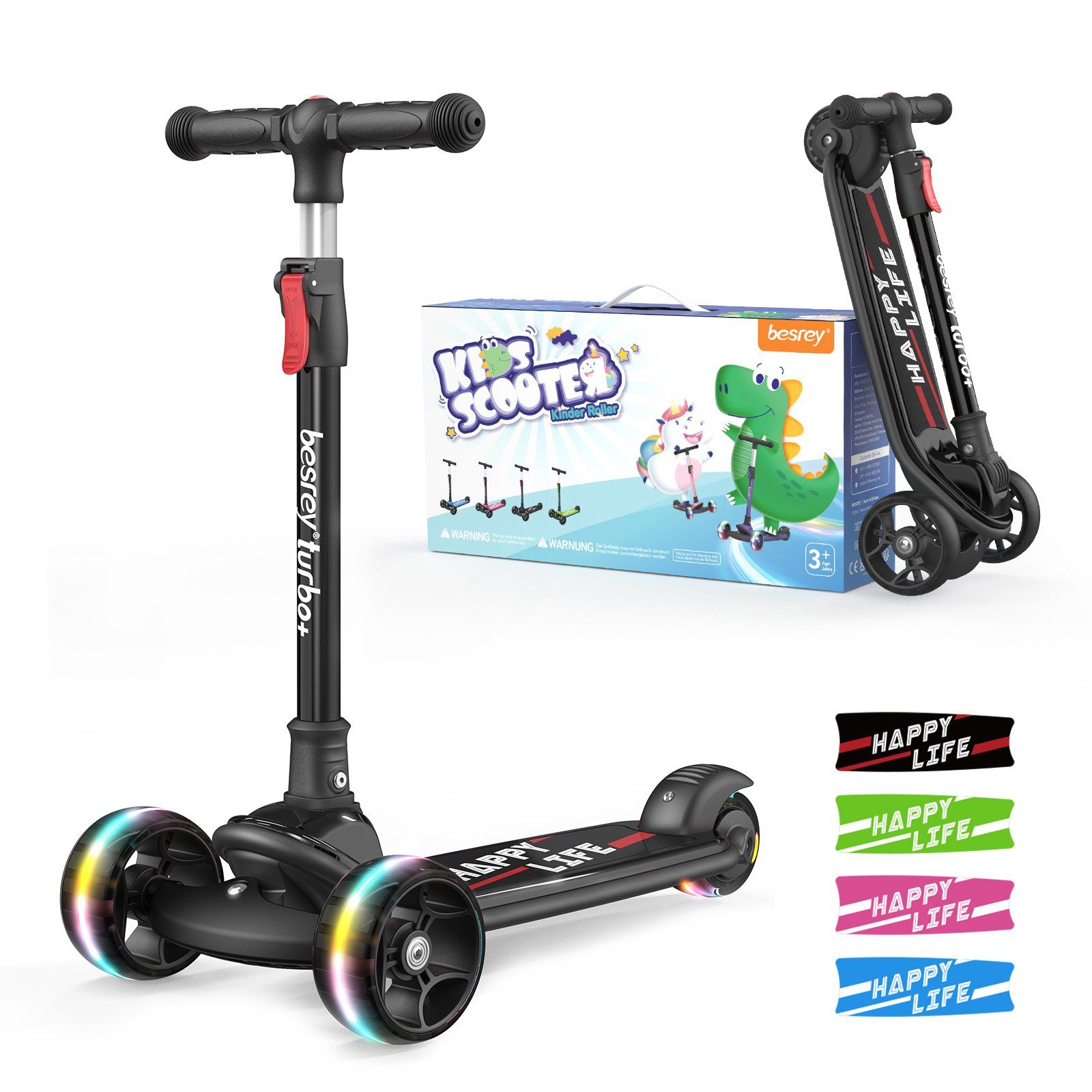 PLEKER Dreiradscooter Kinder Roller Höhenverstellbarer Faltbarer Trittroller LED, Alle drei Räder mit LED