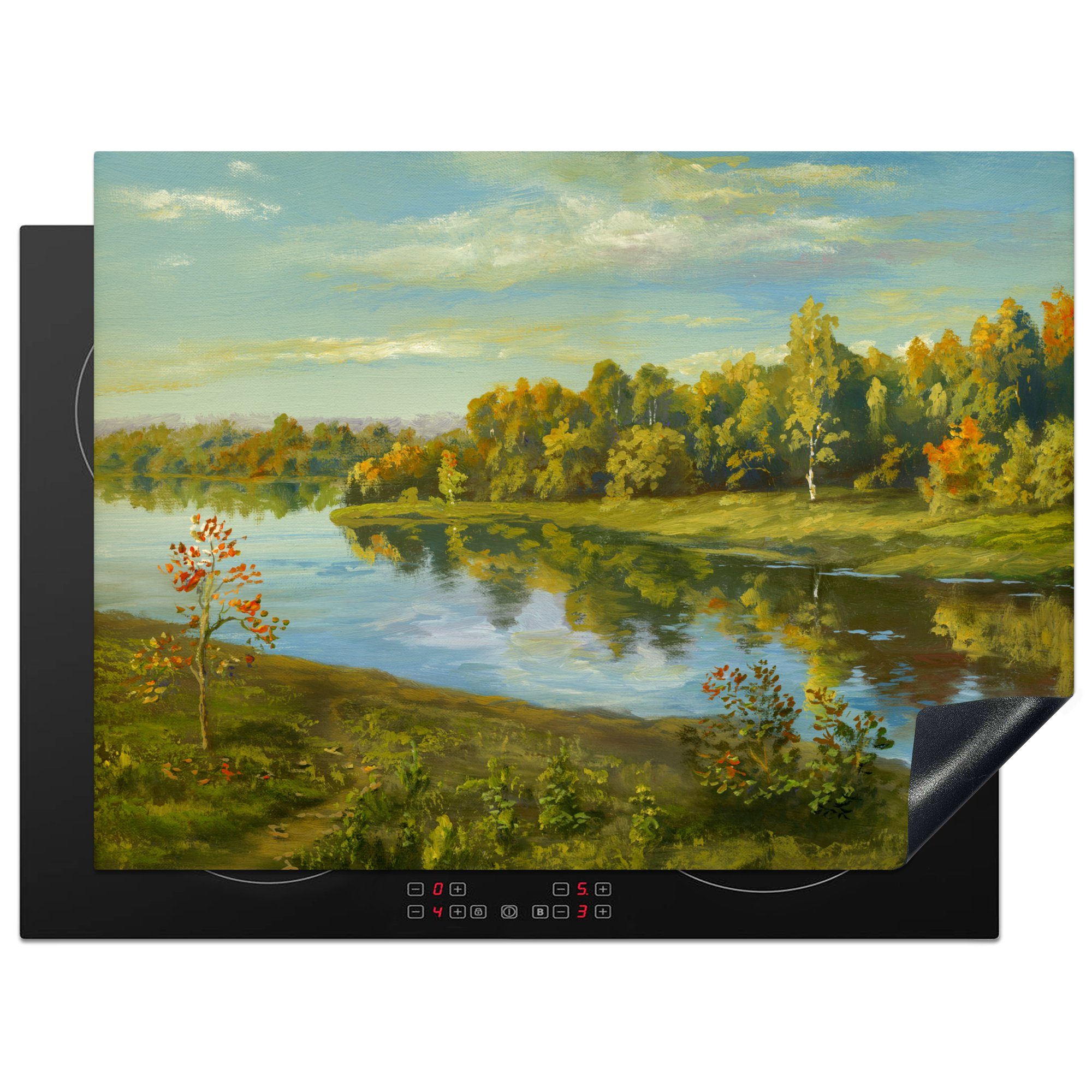 MuchoWow Herdblende-/Abdeckplatte Eine Illustration von Bäumen an einem Fluss, Vinyl, (1 tlg), 70x52 cm, Mobile Arbeitsfläche nutzbar, Ceranfeldabdeckung | Herdabdeckplatten