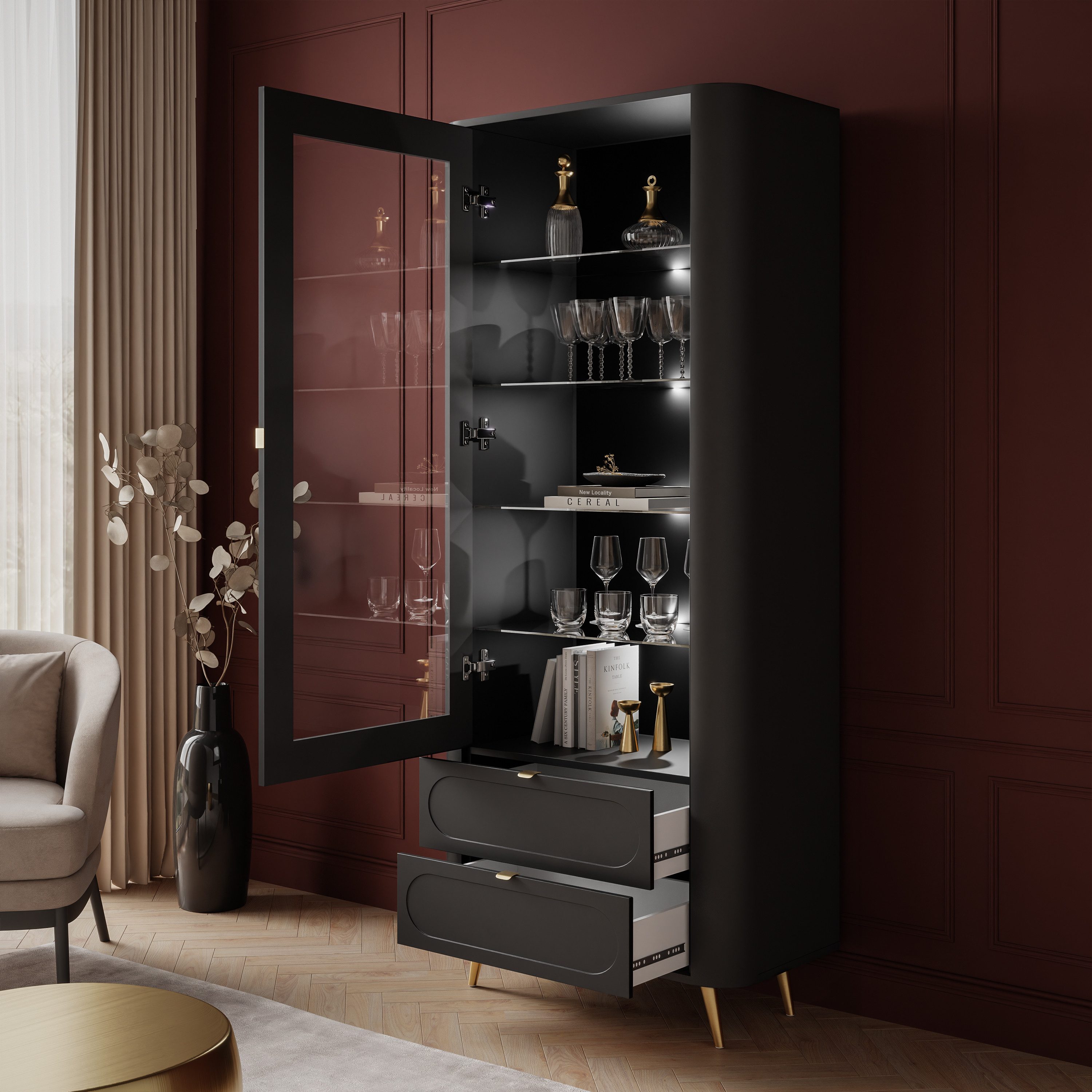 Lookway Standvitrine SHADOW II mit LED-Beleuchtung und wählbaren Metallbeinen