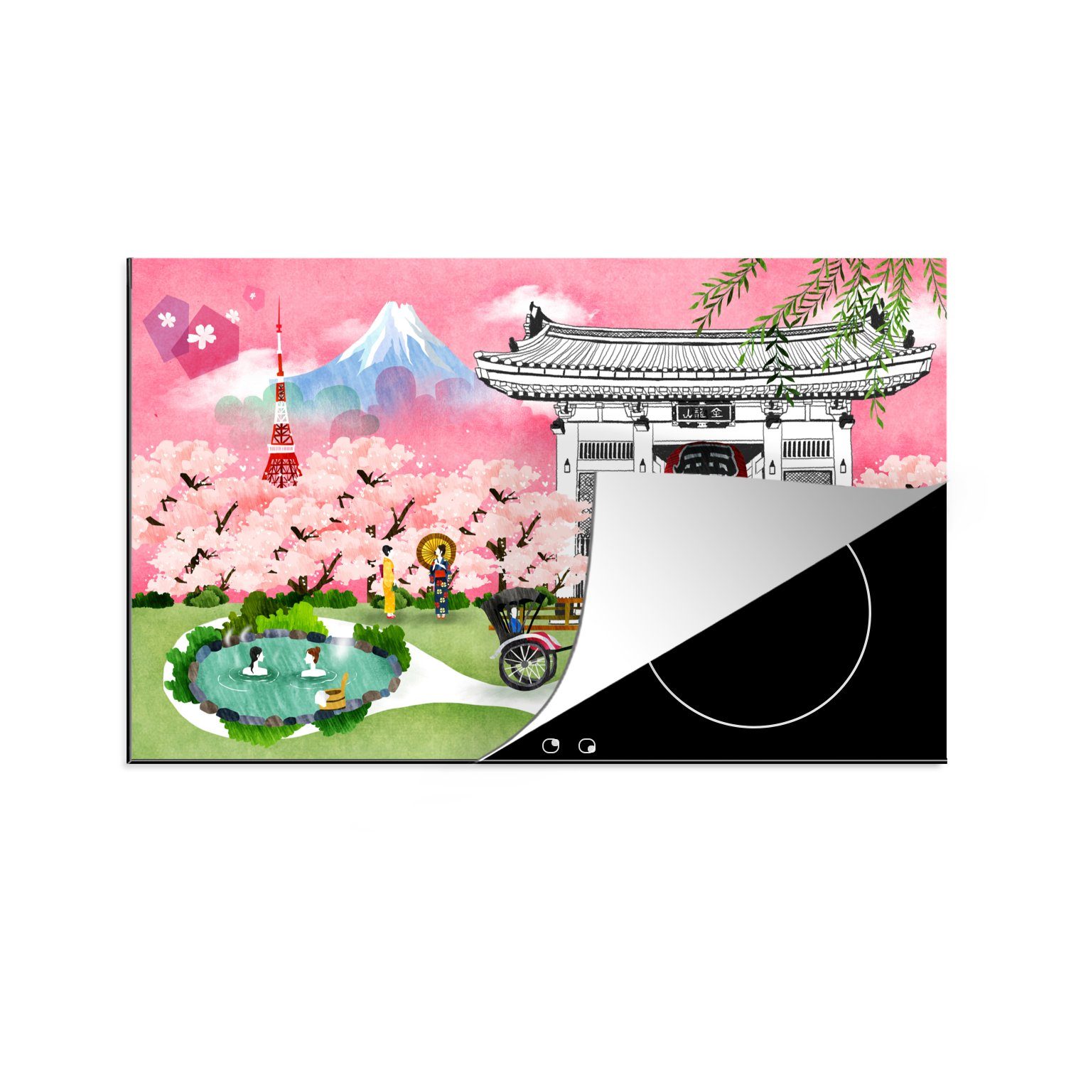 Herdblende-/Abdeckplatte in küche 83x51 Illustration Ceranfeldabdeckung, MuchoWow des Tokio, (1 Berges Fuji tlg), cm, für Arbeitsplatte Vinyl,