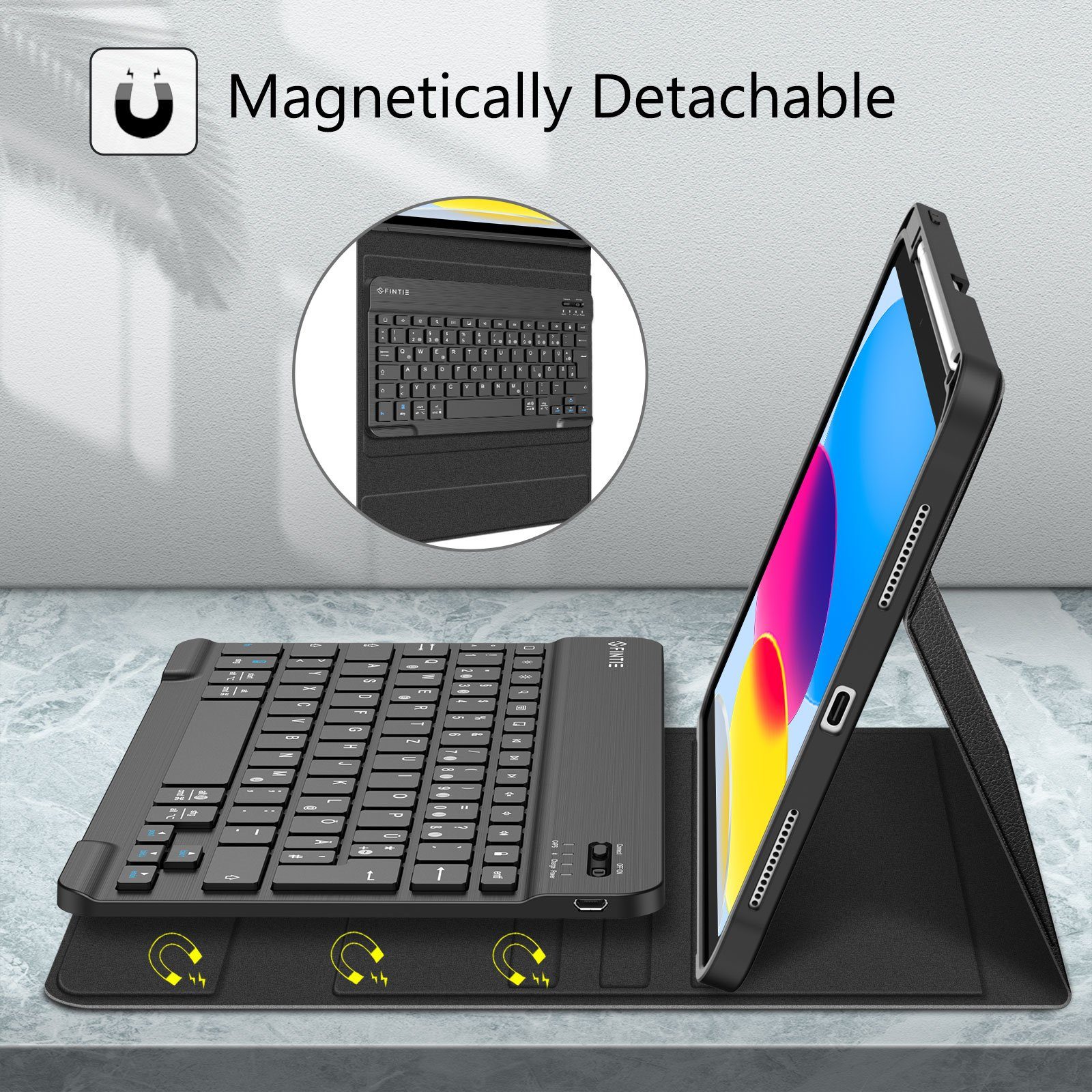 Fintie Tablet-Hülle für iPad 11. Generation 11" 2025(A16), iPad 10. Generation 2022 10.9", Case mit Pencil Halter, magnetisch Abnehmbarer Tastatur(QWERTZ Layout)