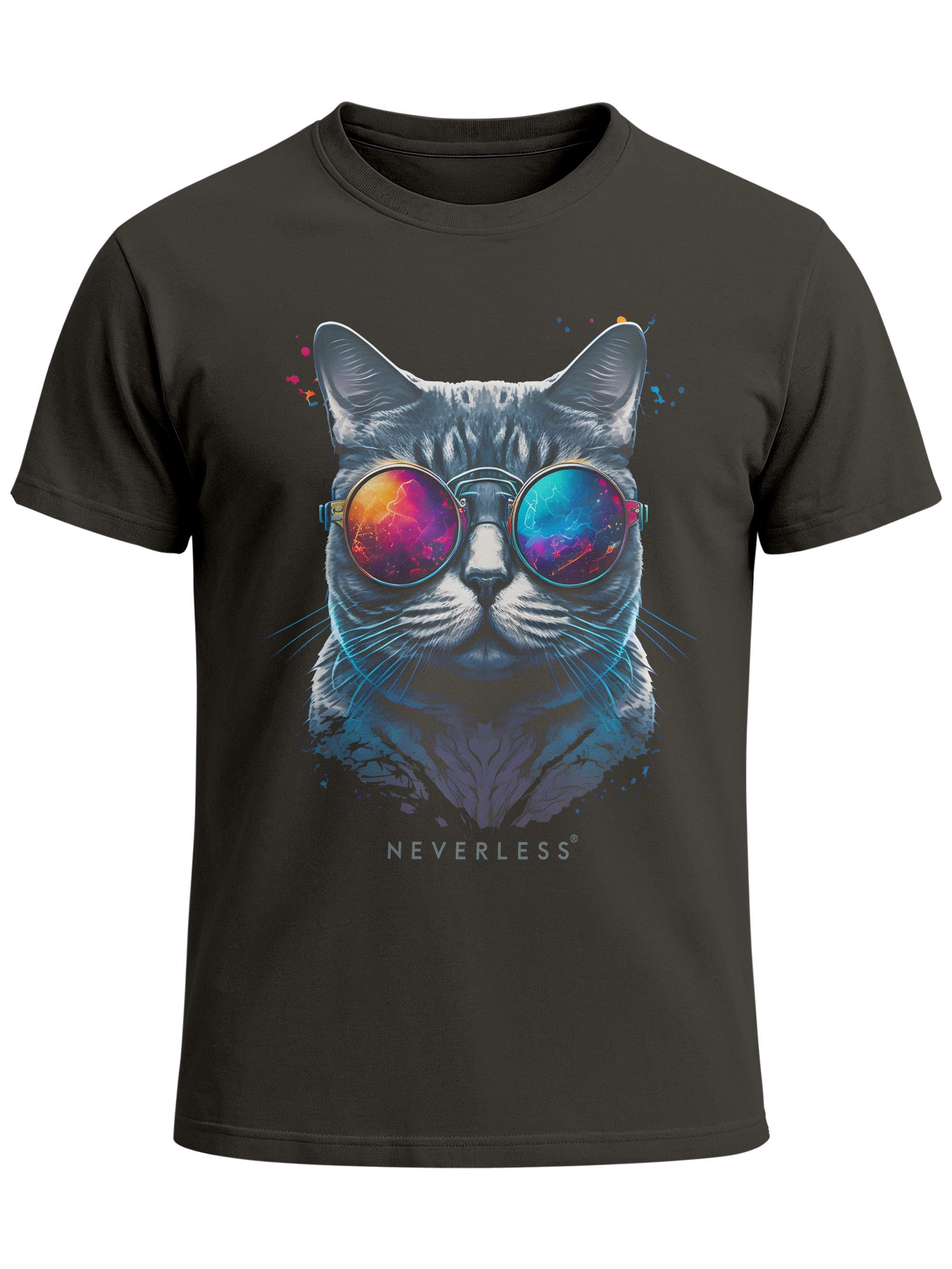 Neverless Print-Shirt Herren T-Shirt Aufdruck Katze Cat Sommer Sonnenbrille Style Fashion mit Print