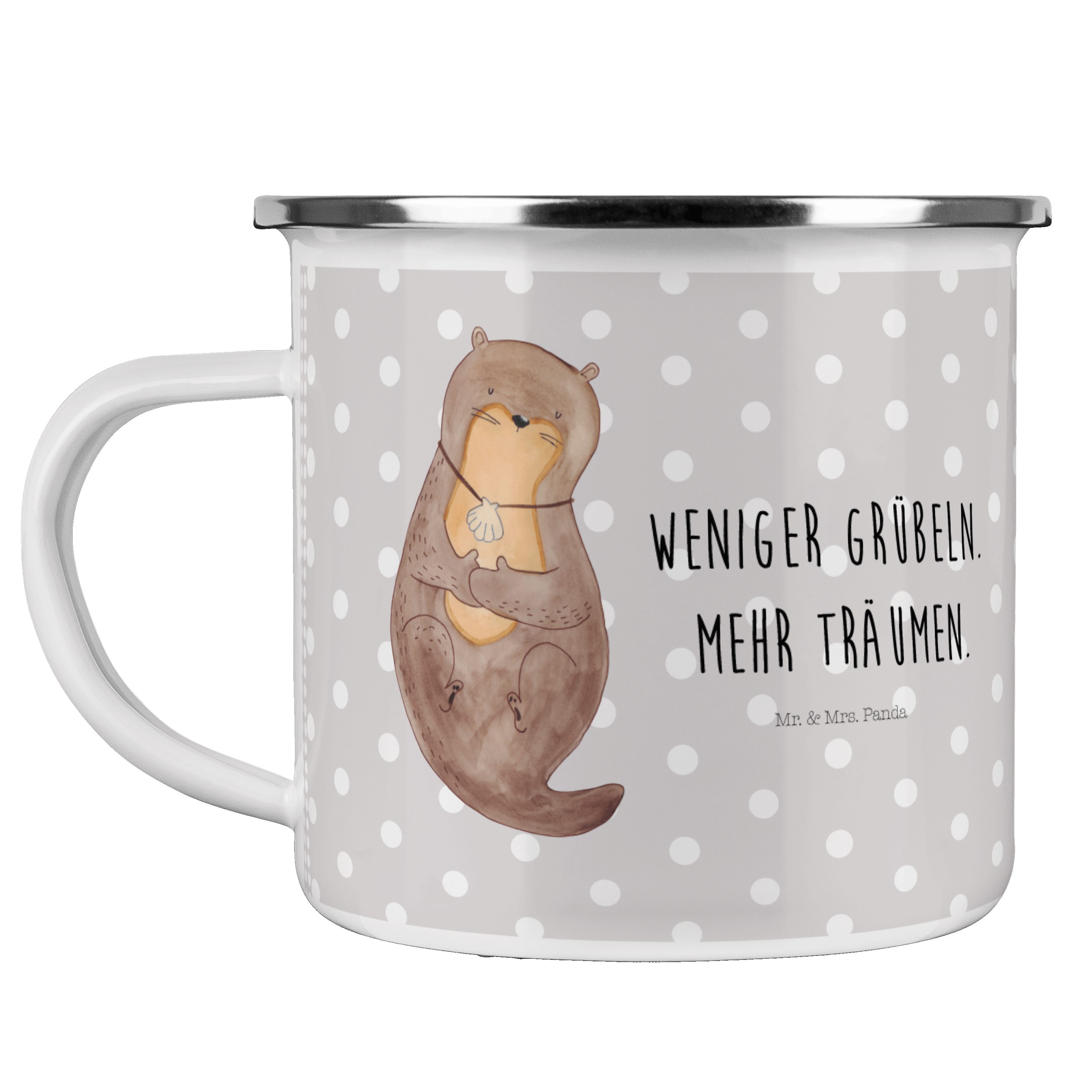 Mr. & Mrs. Panda Becher Otter mit Muschelmedaillon - Grau Pastell - Geschenk, Trinkbecher, Ou, Emaille