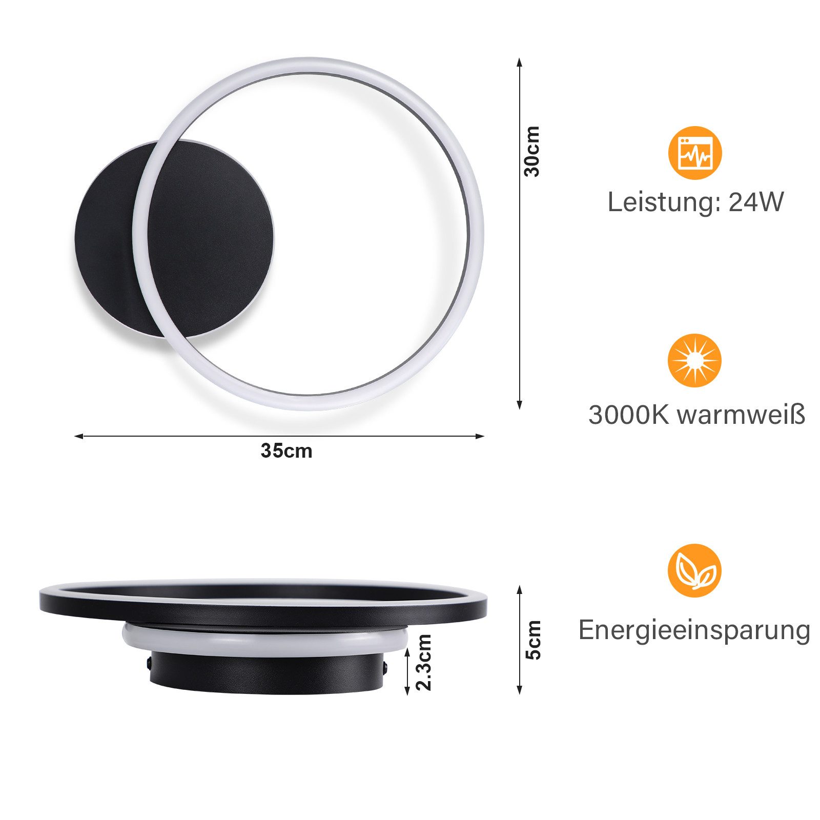 ZMH LED Deckenleuchte Wohnzimmer - 24W 2-Ringen Deckenlampe 3000K Flur Metall Küchenlampe, Augenschutz, Einfache Installtion, LED fest integriert, Warmweiß, Schwarz Modern Design Schlafzimmerlampe Flur Büro
