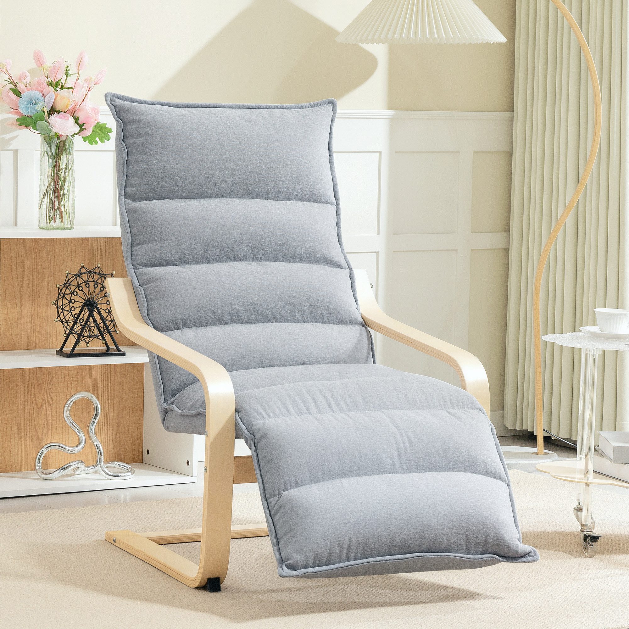 HOMCOM Relaxsessel Loungesessel mit Stoff in Samtoptik, mit Armlehne, Schwingstuhl (gepolsterter Relaxsessel mit verstellbarer Fußstütze, 1-St., moderner Sessel für Wohnzimmer), 93-114 x 67 x 105 cm, Hellgrau