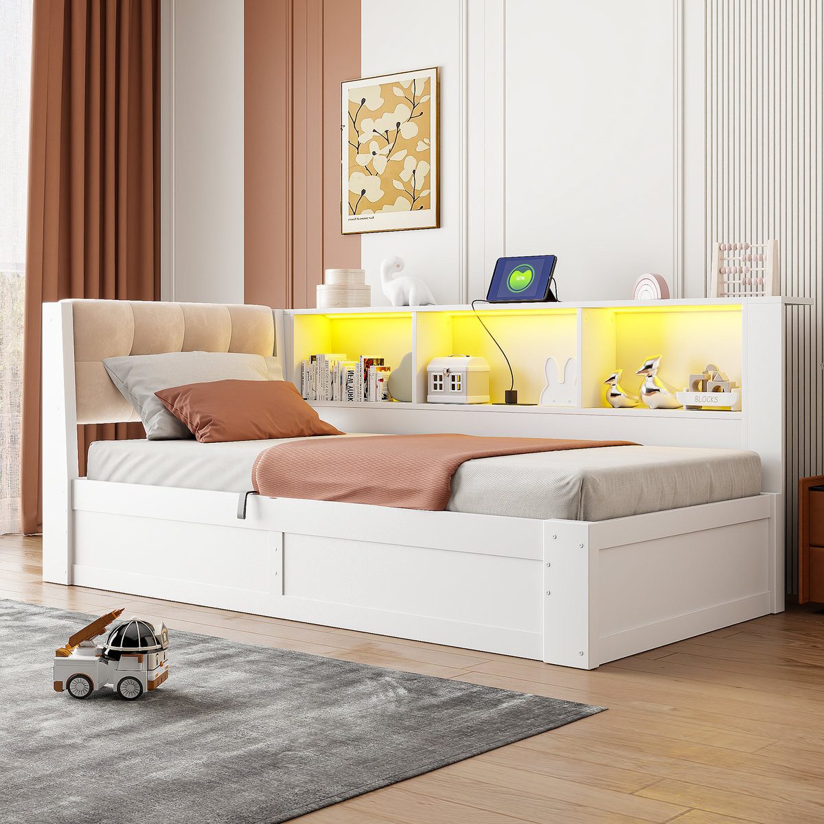 Odikalo Schlafsofa Schlafcouch Einzelbett 90x200 140x200 LED USB Stauraum, (Ohne Matratze), Hydraulische Lagerung, mit dimmbarer LED-Leiste, mit praktischem Regal, mit USB-Anschluss, Kiefernholz, Weiß