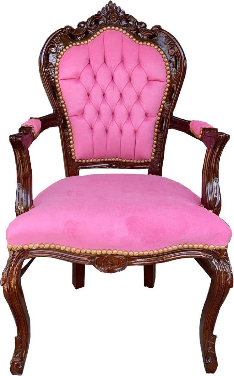 Esszimmerstuhl Barock Esszimmerstuhl mit Armlehnen Rosa / Braun 53 x 57 x H. 108 cm - Handgefertigter Antik Stil Massivholz Stuhl mit edlem Samtstoff - Barock Esszimmer Möbel