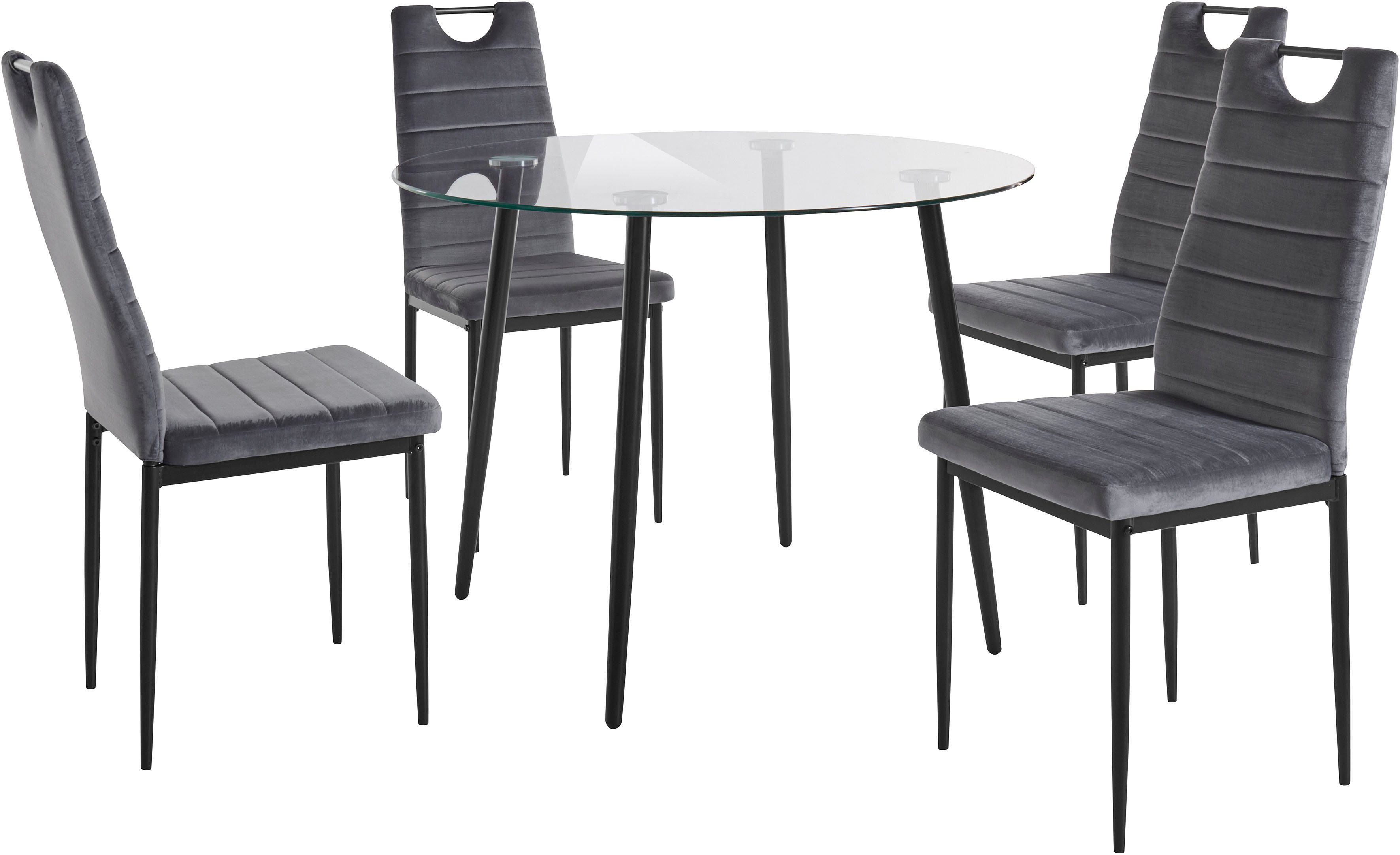 INOSIGN Essgruppe, Bezug Ø 100 (Set, Esszimmerstühlen, grau Glastisch, Samtstoff cm aus 4 runder und 5-tlg)