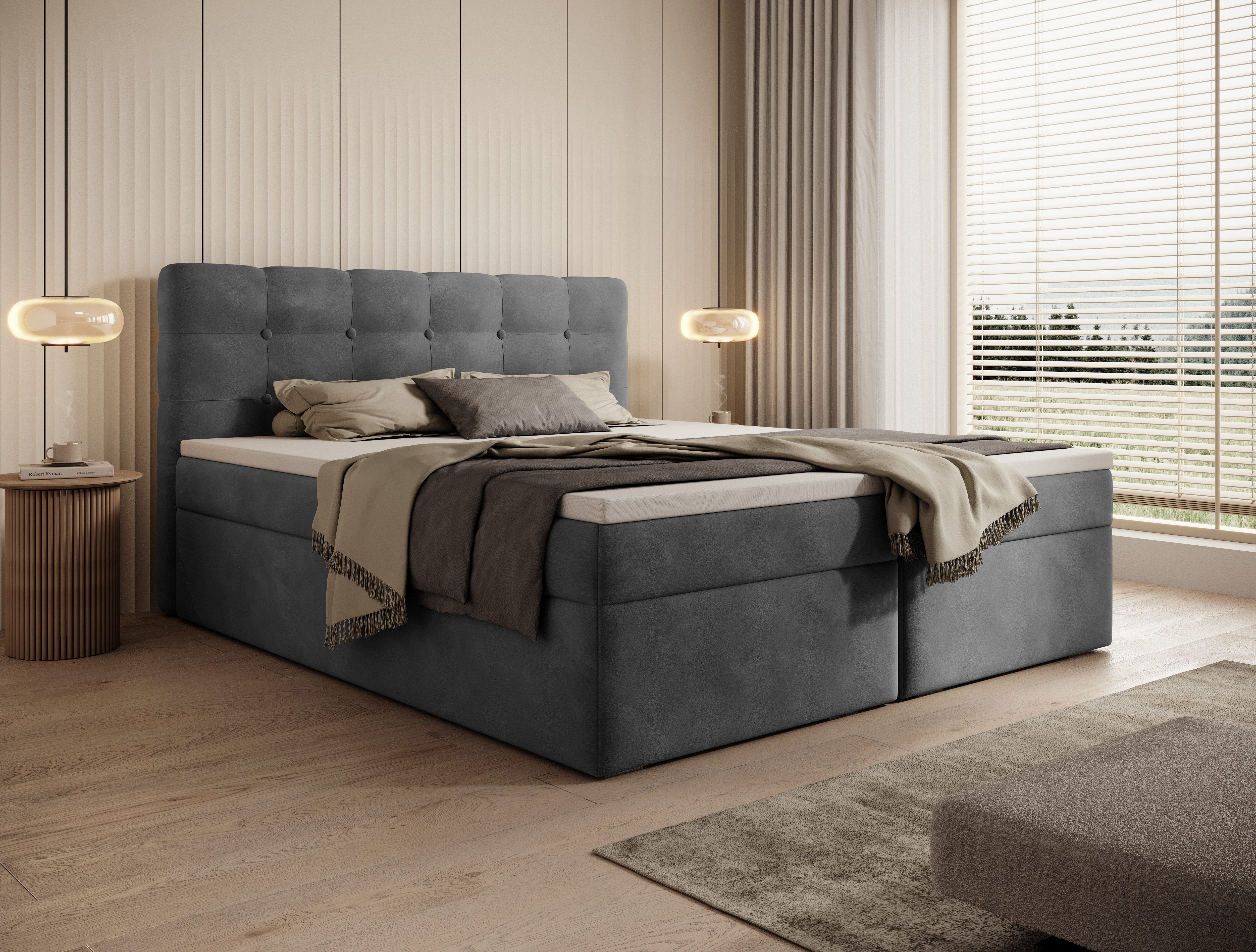 thematys Boxspringbett Luxus mit Bettkasten 140x200–200x200cm - Velours oder Bouclé Bezug (Polsterbett Bonnellfederkern Matratze H3 + Gratis 3cm Topper, – Doppelbett mit Stauraum - Boxbett)